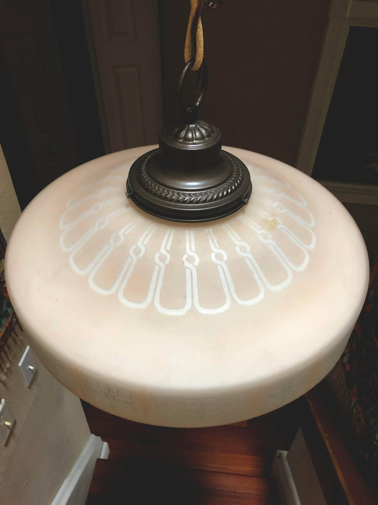 Art Nouveau Antique Milk Glass Stenciled Pendant in Light Tan - 7