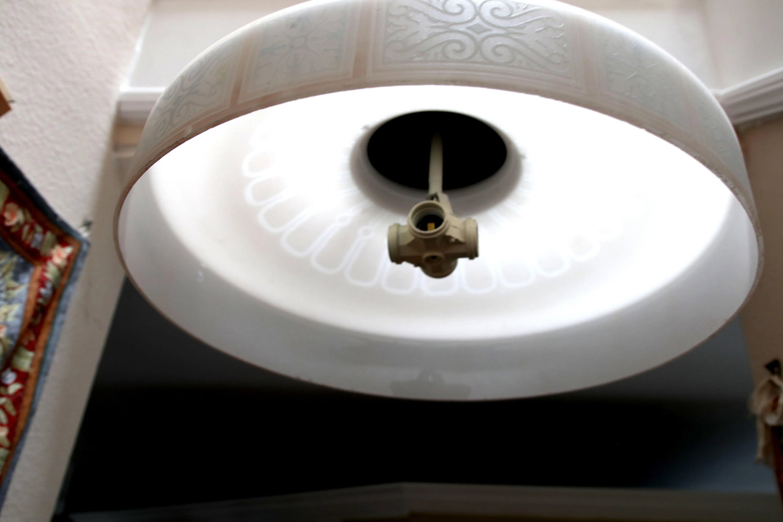 Art Nouveau Antique Milk Glass Stenciled Pendant in Light Tan - 8