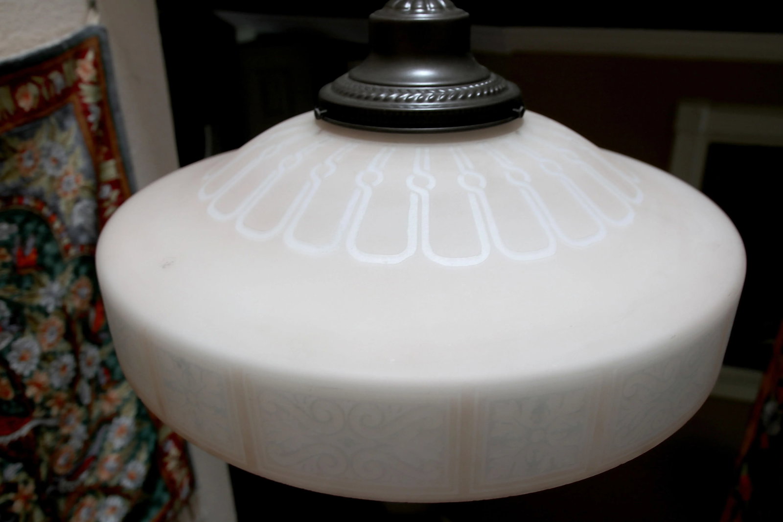 Art Nouveau Antique Milk Glass Stenciled Pendant in Light Tan - 9
