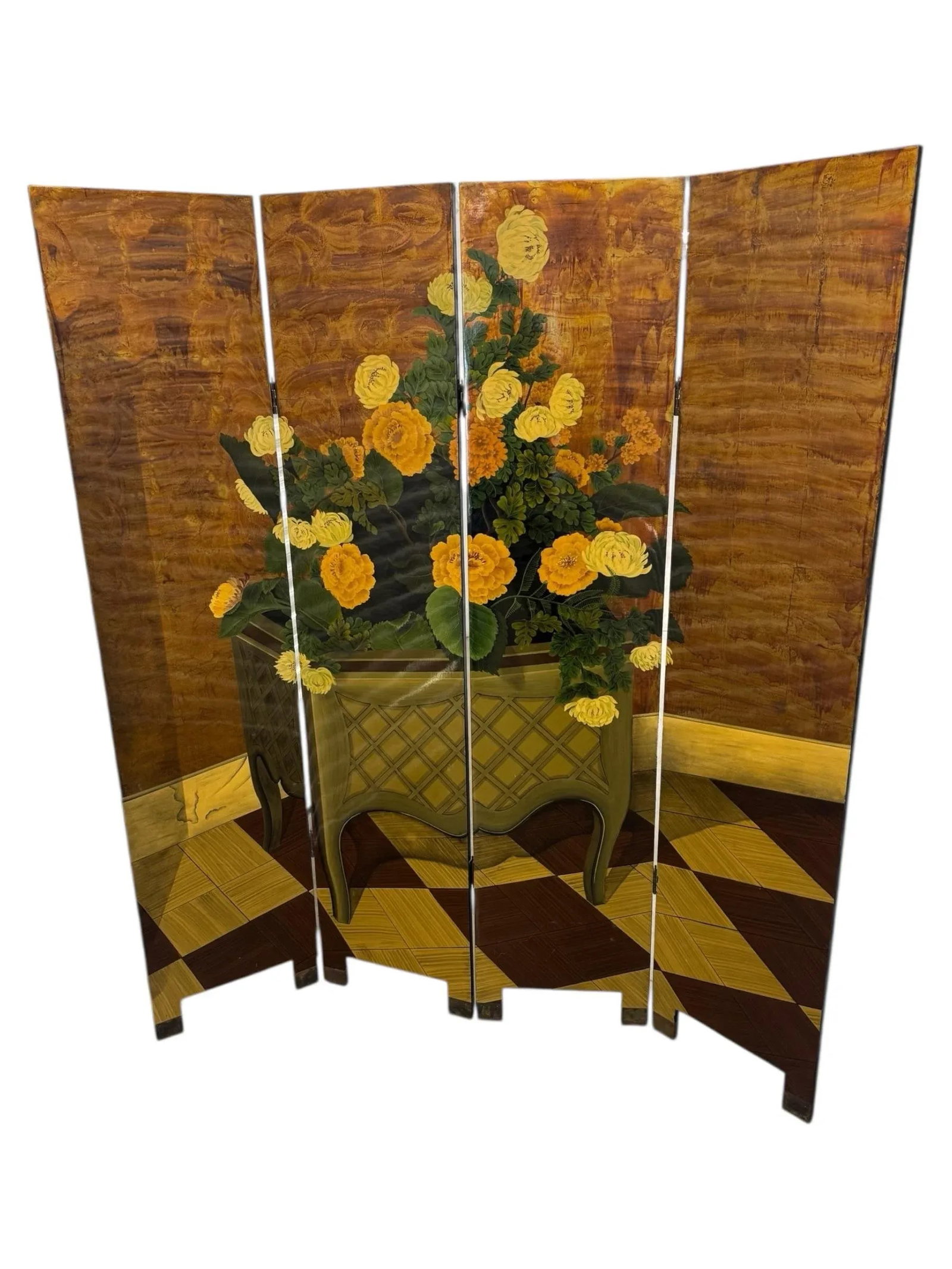 Vintage Hand Painted Four Paneled Room Screen With Gold Background, Floral Planter & Checkered Floor - 2