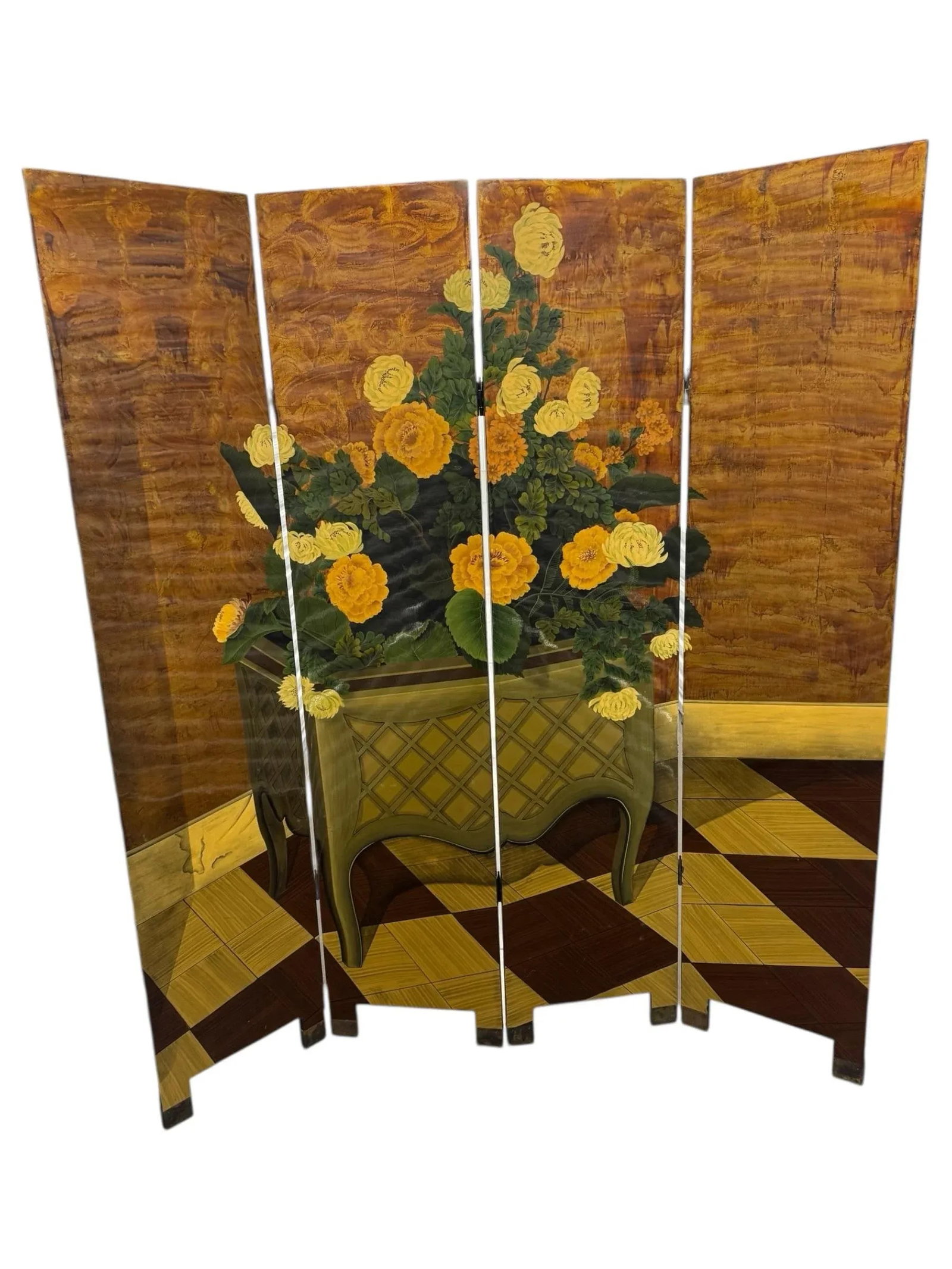Vintage Hand Painted Four Paneled Room Screen With Gold Background, Floral Planter & Checkered Floor - 3