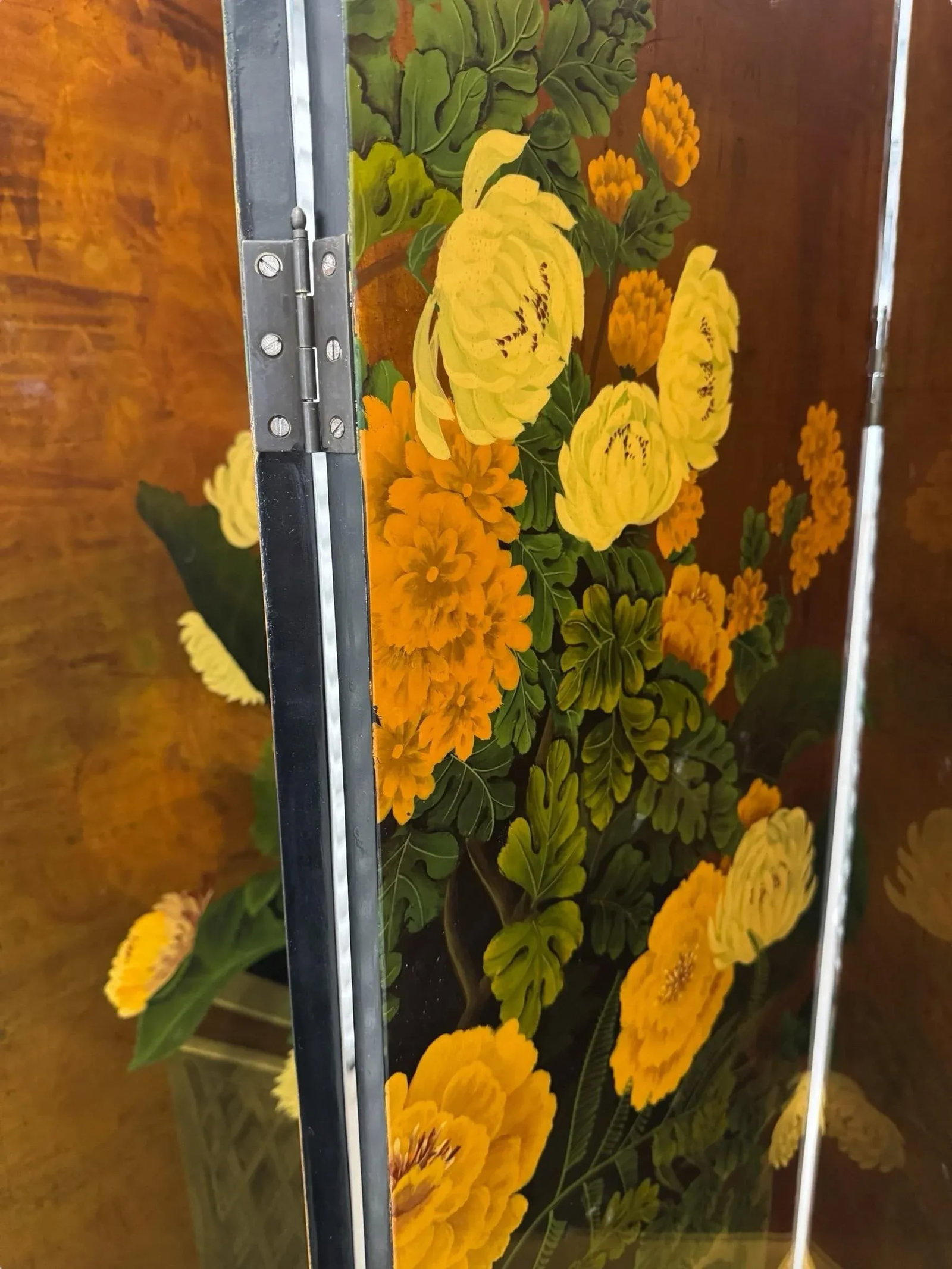 Vintage Hand Painted Four Paneled Room Screen With Gold Background, Floral Planter & Checkered Floor - 4