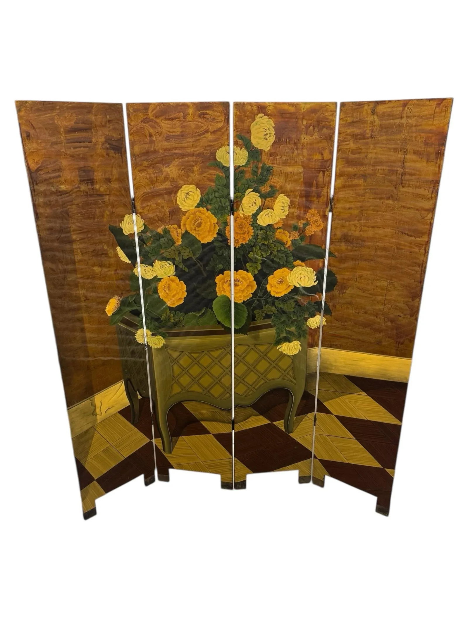Vintage Hand Painted Four Paneled Room Screen With Gold Background, Floral Planter & Checkered Floor - 7