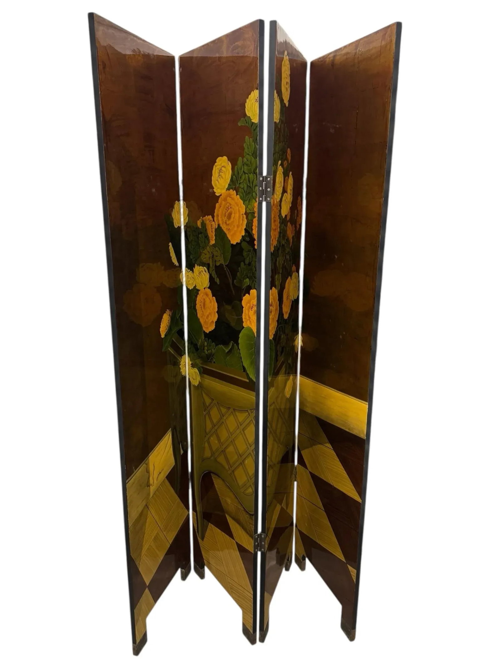 Vintage Hand Painted Four Paneled Room Screen With Gold Background, Floral Planter & Checkered Floor - 8