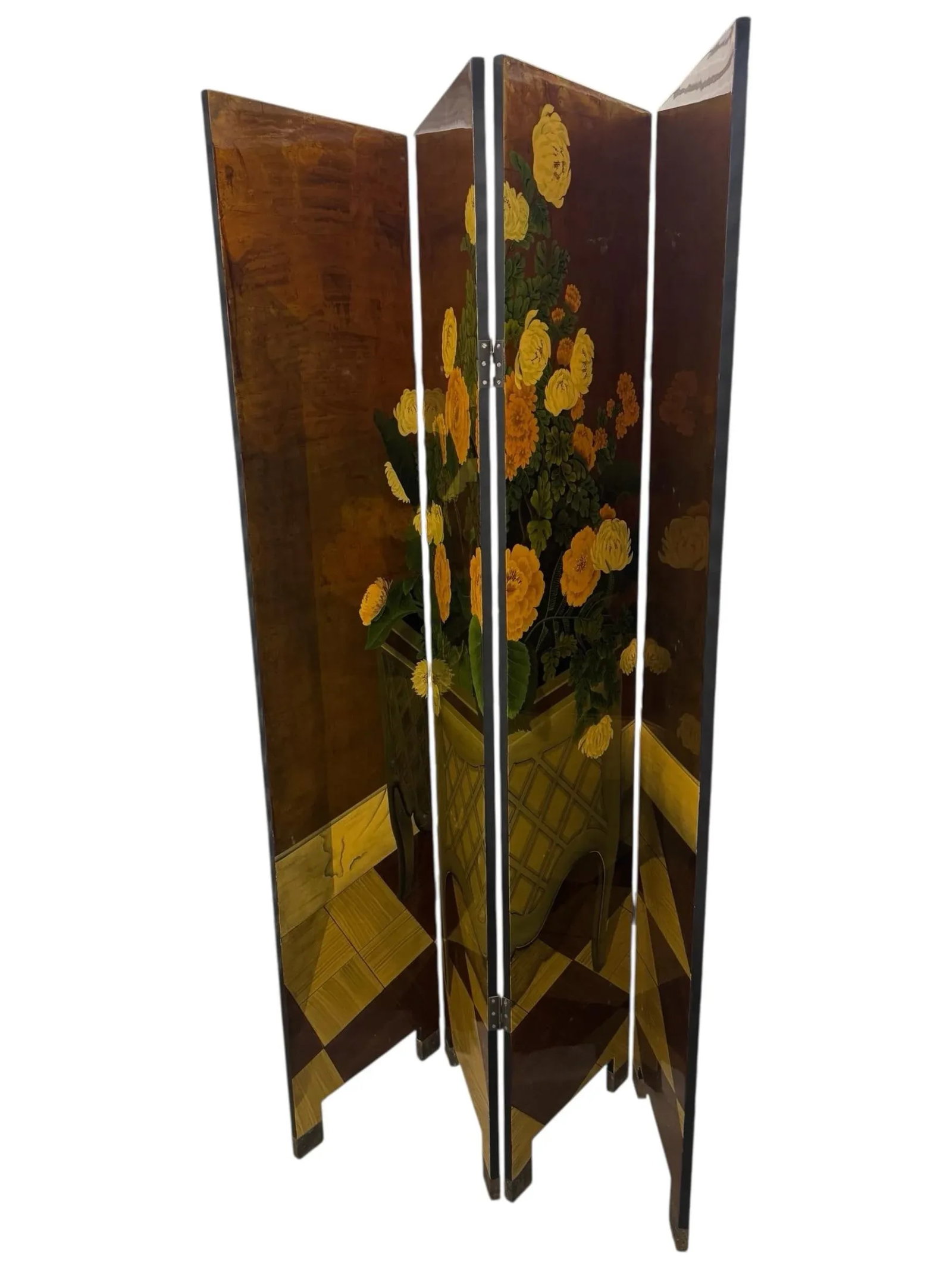 Vintage Hand Painted Four Paneled Room Screen With Gold Background, Floral Planter & Checkered Floor - 9
