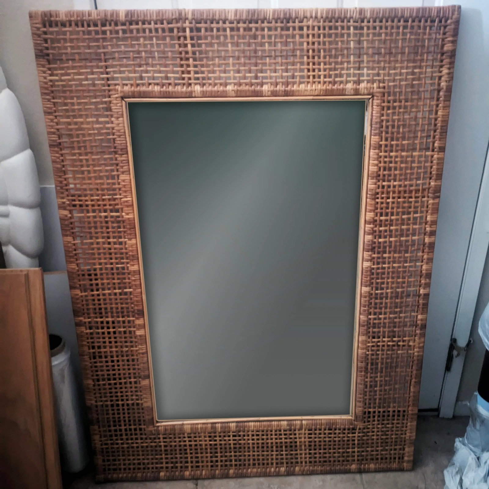 X-Large Mid Mod Artisanal Wicker Cane Framed Wall Mirror - 4