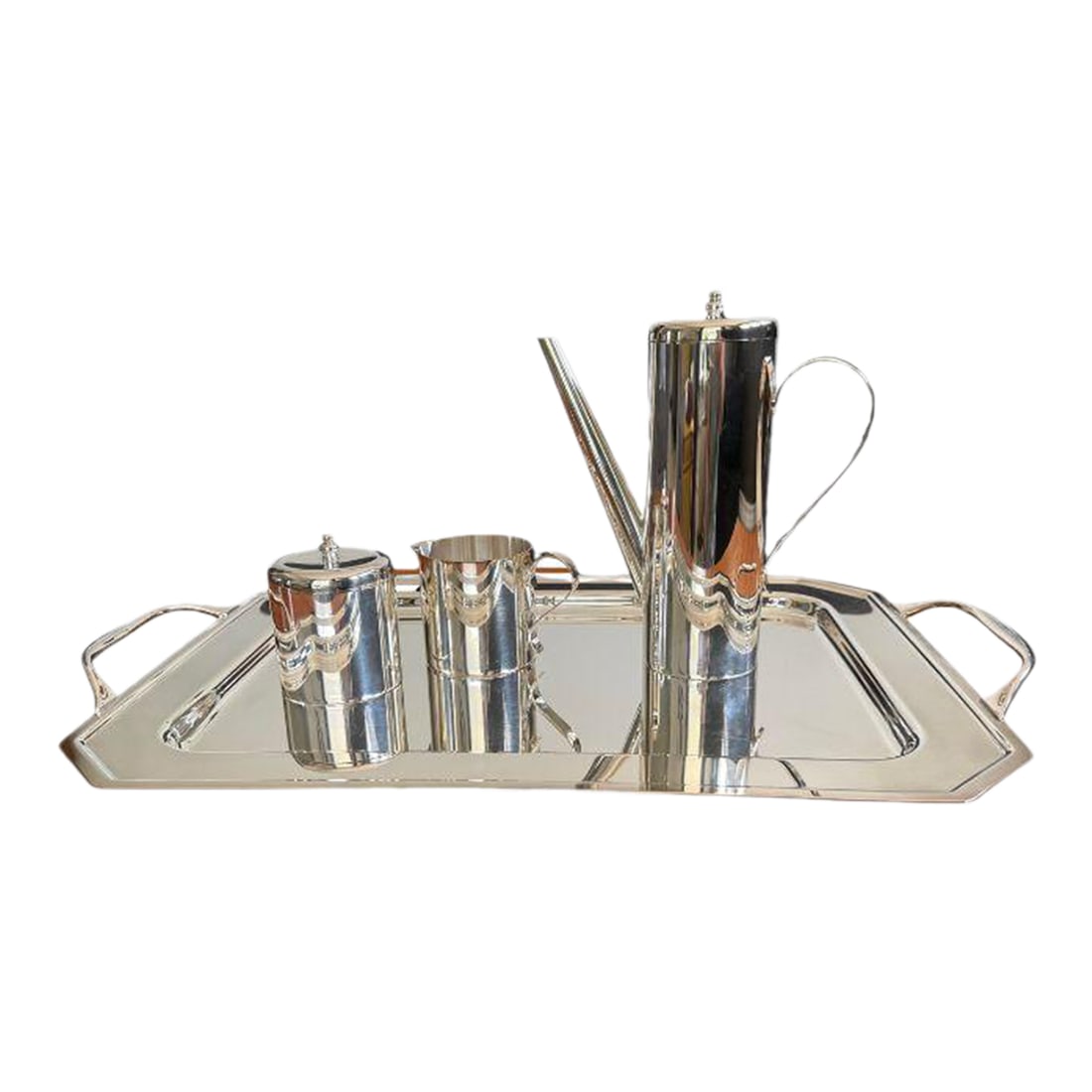 Mid-Century, Silver by Boardman, Modernist Coffee Service With Tray, Six Piece Set: A stunning mid-century Silver by Boardman coffee set with a modernist design, accompanied by a roomy silverplate tray. This sleek and stunning coffee and/or tea set is sure to elevate your entertainin