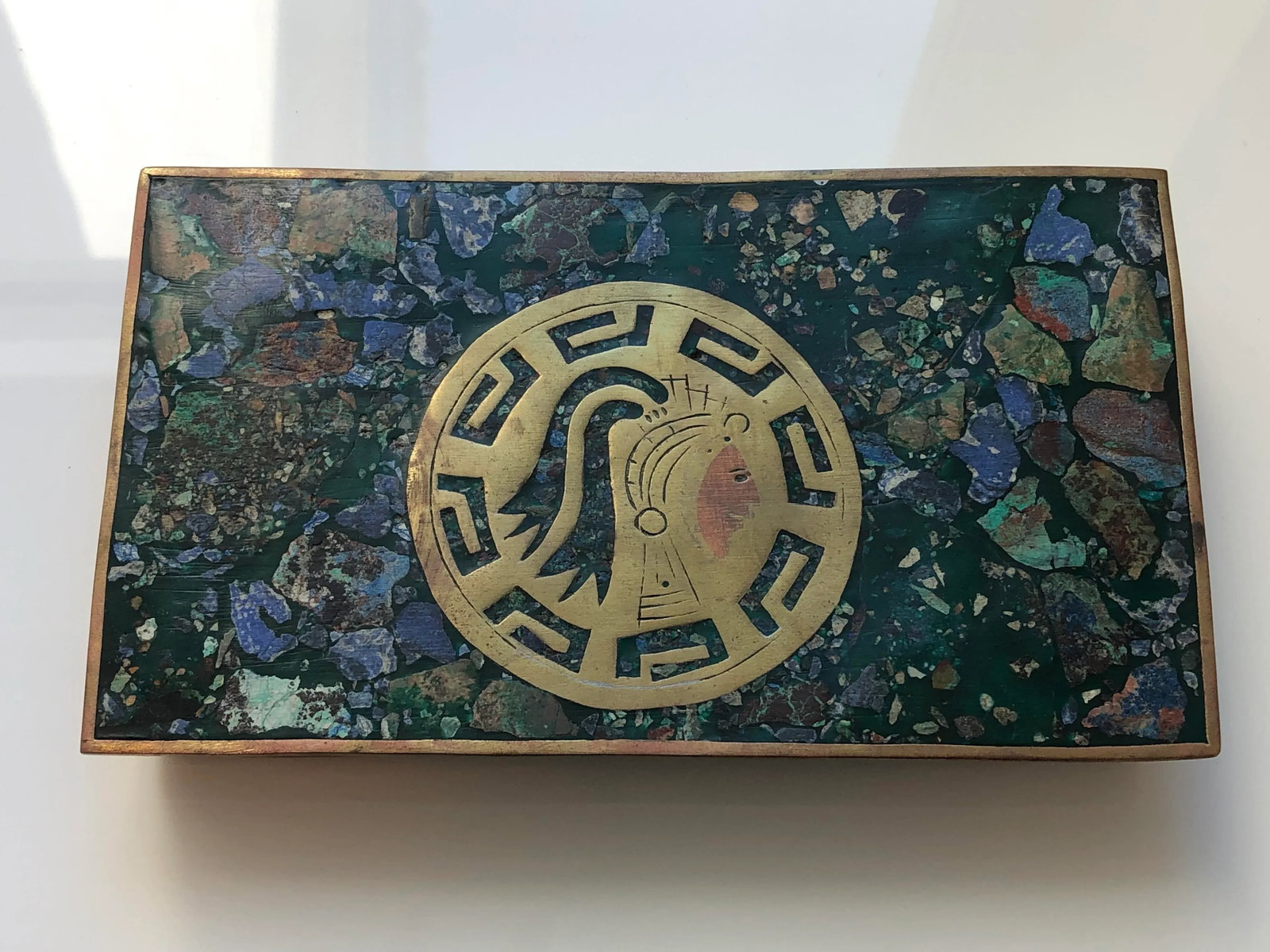 1950s Mid-Century Modernist Mexican Mixed Metals and Minerals Aztec Warrior Box - 10