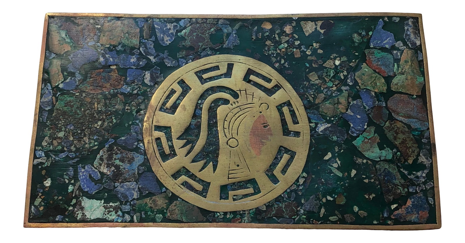 1950s Mid-Century Modernist Mexican Mixed Metals and Minerals Aztec Warrior Box: Beautiful Modernist Mexican Box featuring Aztec warrior. The box is made of mixed metals, brass and copper with minerals (azurite and lapis lazuli), embedded in a rich green enamel The inside is