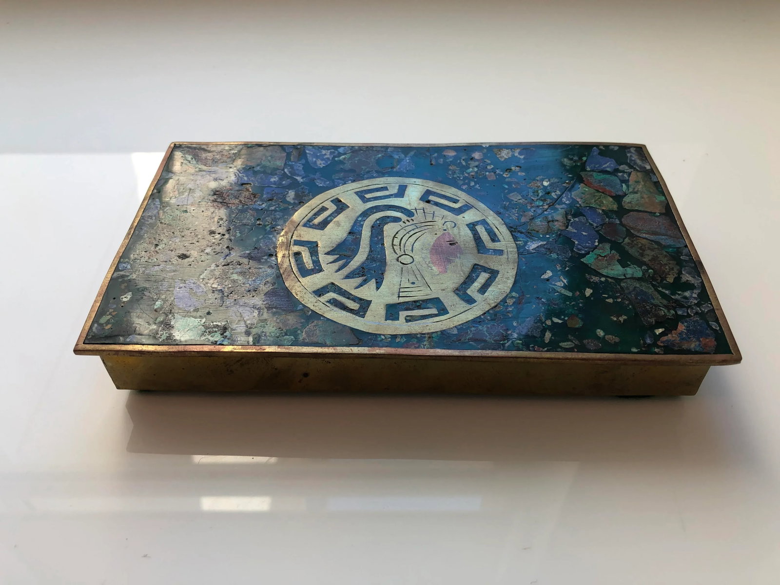 1950s Mid-Century Modernist Mexican Mixed Metals and Minerals Aztec Warrior Box - 3