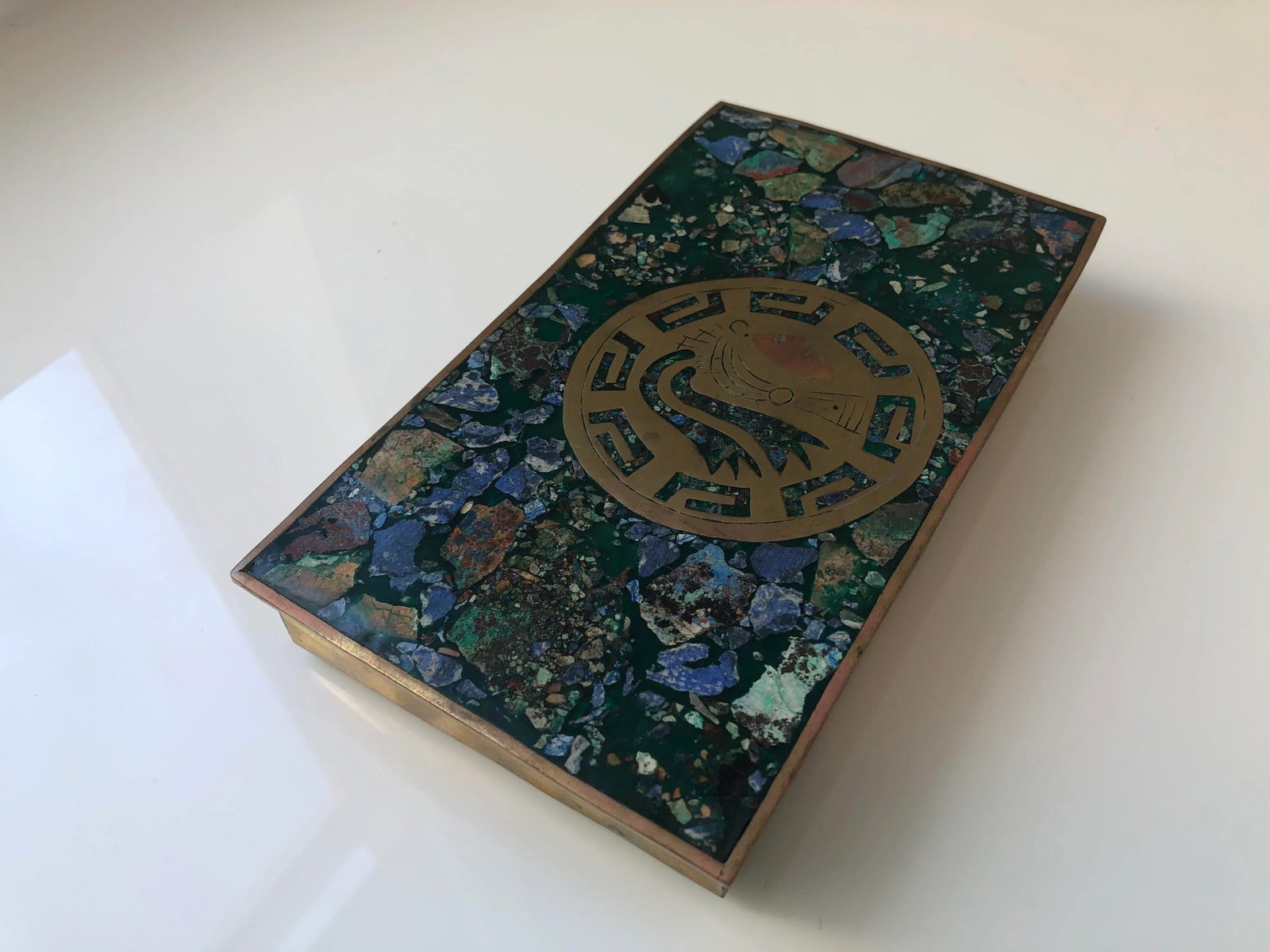 1950s Mid-Century Modernist Mexican Mixed Metals and Minerals Aztec Warrior Box - 6