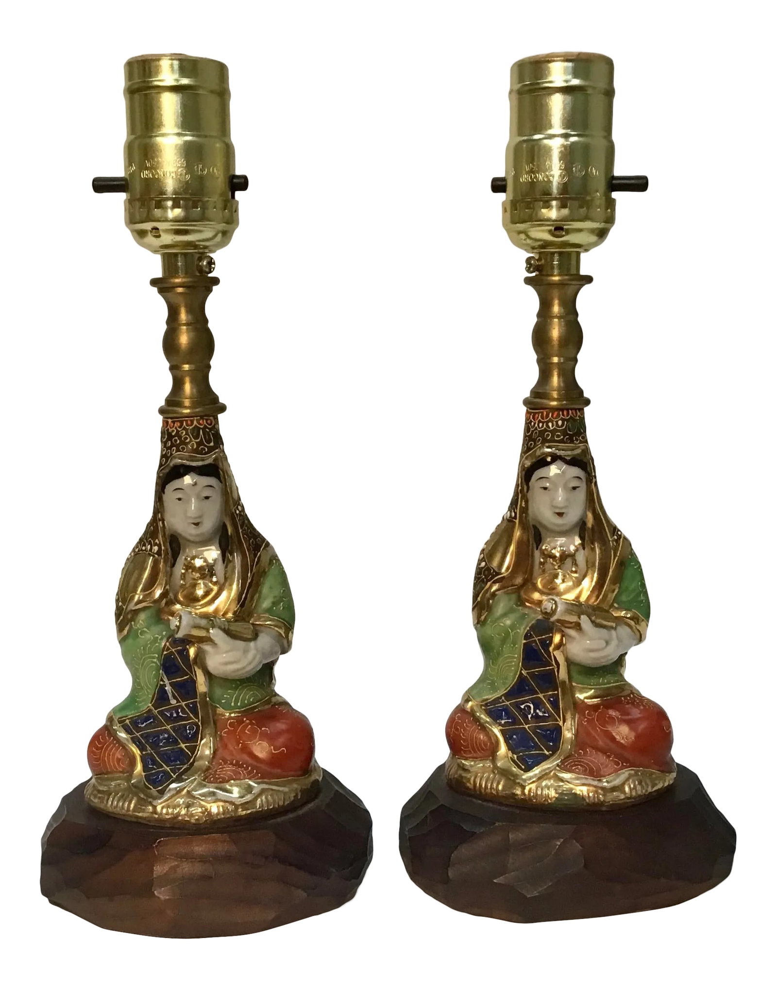 Small Asian Style Vintage Porcelain Figures Table Lamps . - a Pair: Pretty pair of colorful vintage hand- painted and gilt porcelain figures made into a lamps . Carved wood braces , new wiring . Condition: Alterations: Original Condition Unaltered Imperfections: Some 