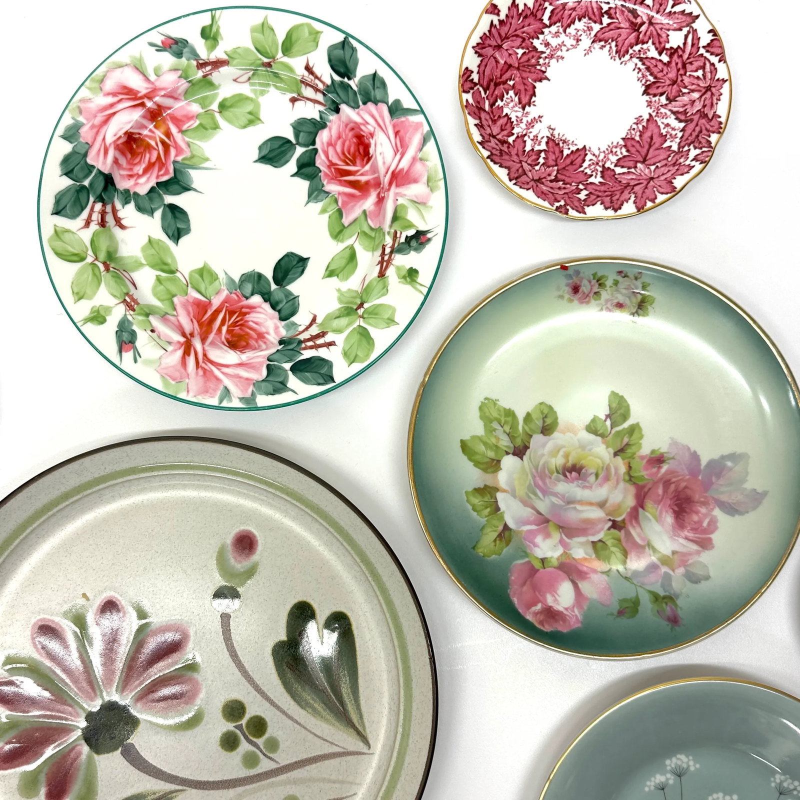 Dusty Teal & Magenta Vintage Floral Wall Plate Curation - Group of 7 - 2