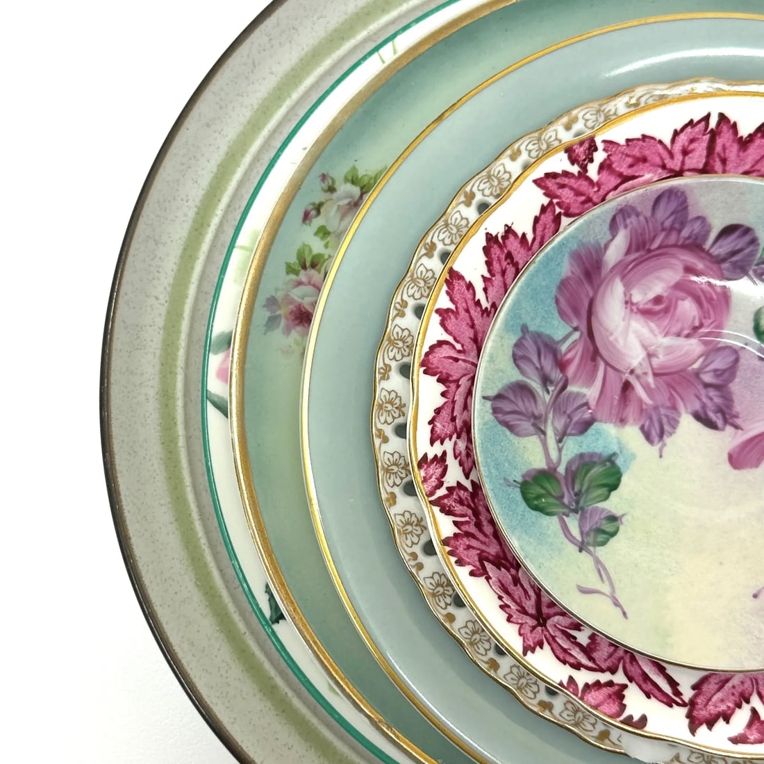 Dusty Teal & Magenta Vintage Floral Wall Plate Curation - Group of 7 - 3