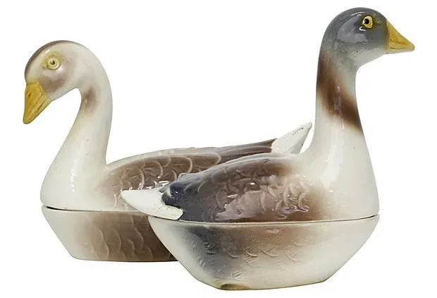 Mid-Century French Majolica Goose Tureens - a Pair - 2