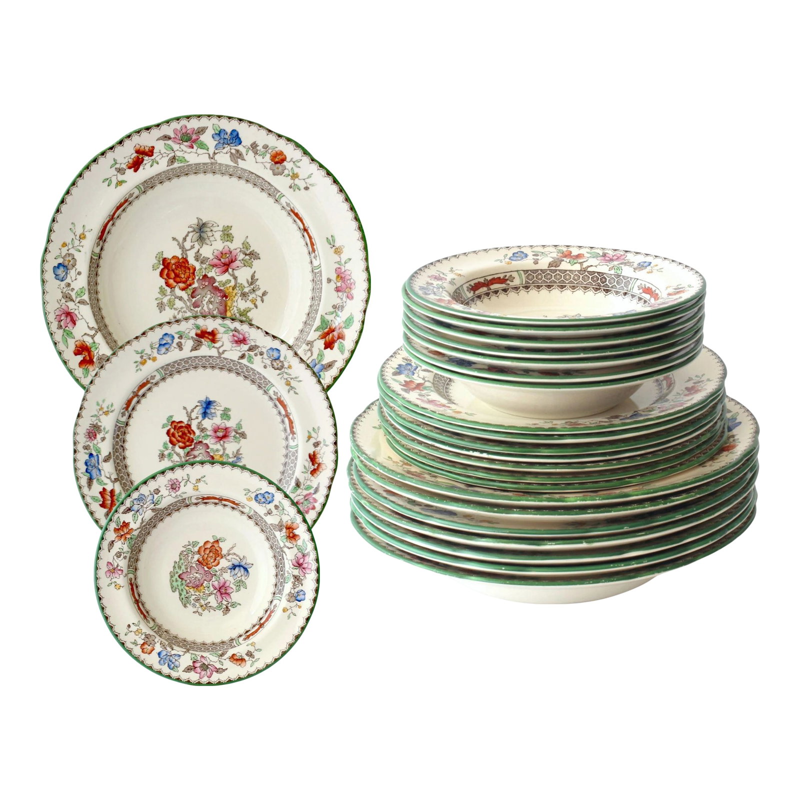 1940s Spode Soup, Salad & Dessert Set, Service for 7: If Lady Whistledown were to pen a review of your next dinner party, let's ensure it starts with this: a stunning 21-piece Copeland Spode service in the iconic "Chinese Rose" pattern, dating to the 194