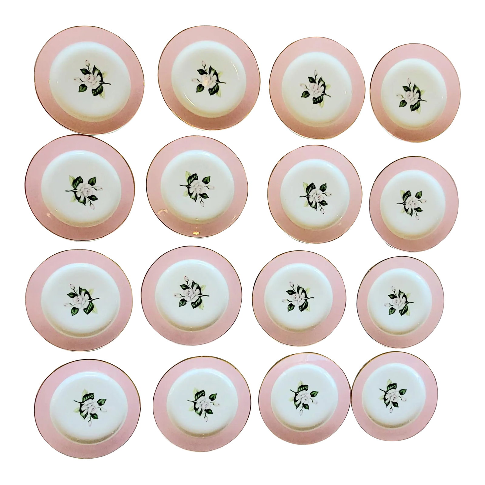 16 Dessert Dishes, Made in Usa, Vintage: Set of 16 absolutely lovely desert, bread or salad dishes with beautiful painted floral in center and soft pink edge with gold rim. Adds classic elegance to any setting. Made in Ohio, U.S.A. All 16 di