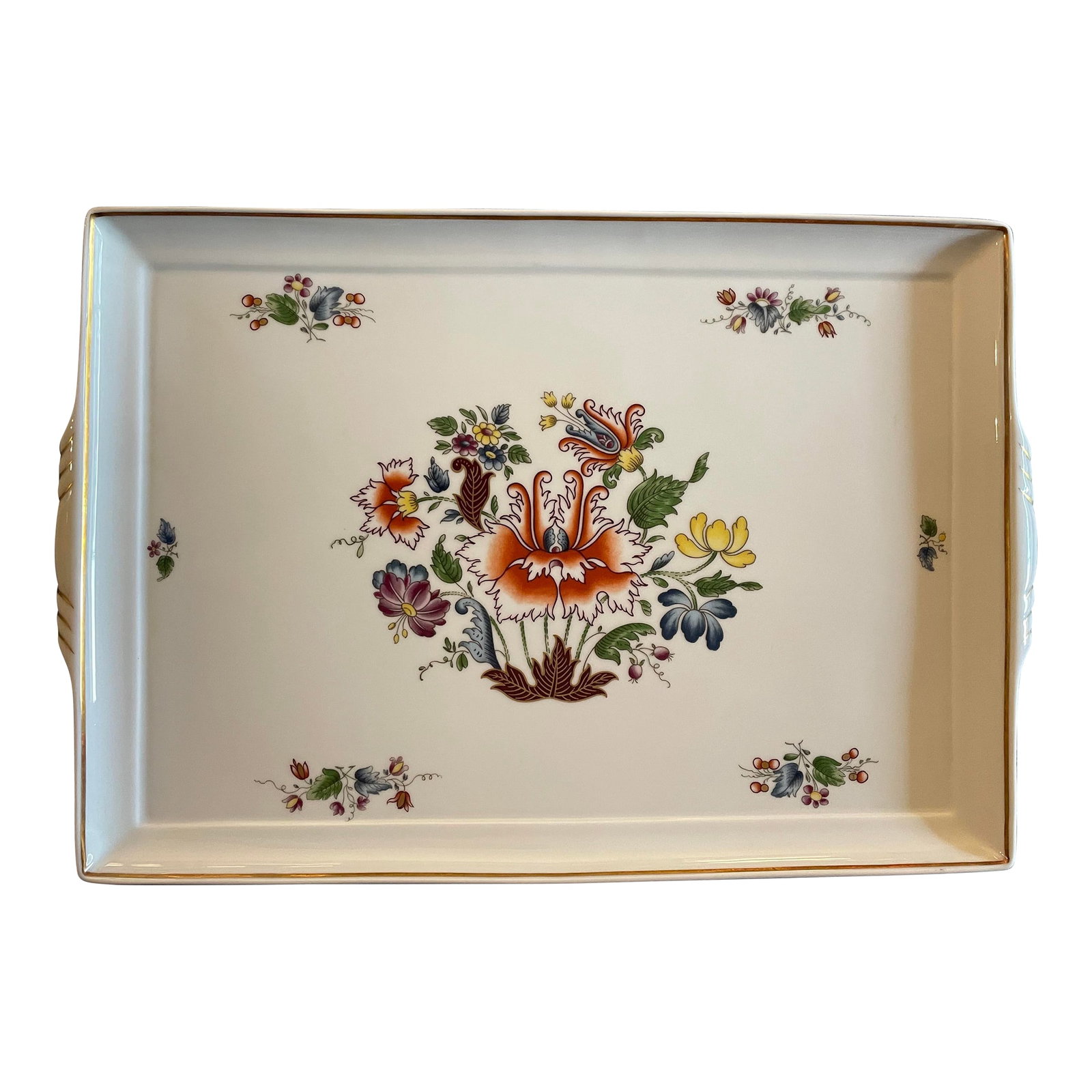 Vintage Richard Ginori Tray With Gilded Rim and Handles: Vintage Richard Ginori rectangular serving tray "Ischia" pattern. This tray features small porcelain handles which are gilded as well as the perimeter of the tray. It has delicate flowers on each of t