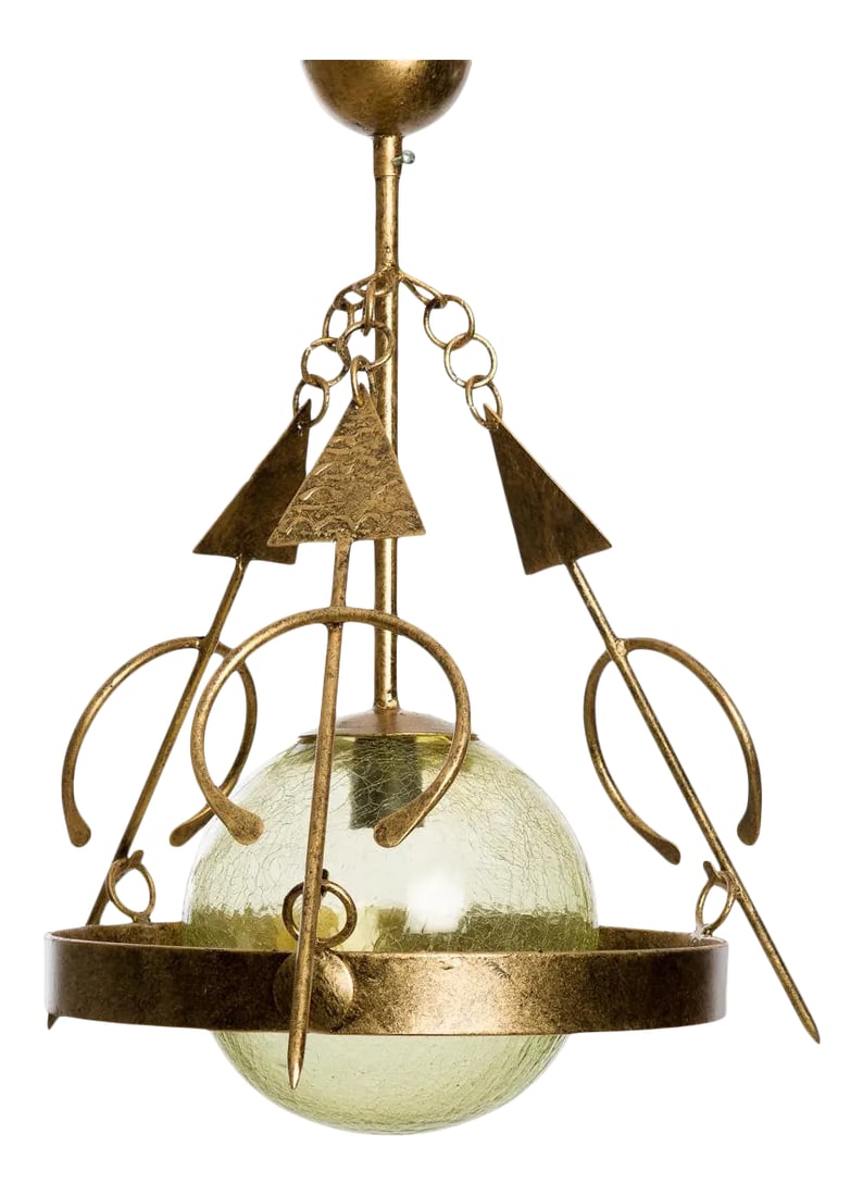 Mid-Century Modern Style Chandelier: Chandelier made of wrought iron and transparent crakled blown glass. The design of the ceiling light fixture is inspired by the berber fibula which gives it an tribe and vintage style The ceiling