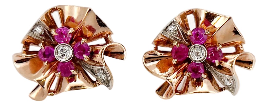 Retro 1940s Old European Cut Diamond & Ruby Screw Back Earrings, Non-Pierced: About These Earrings: These Vintage Retro Diamond and Ruby Earrings are crafted in 14K rose gold and platinum, showcasing five old European cut diamonds and one transitional, accented by 8 natural