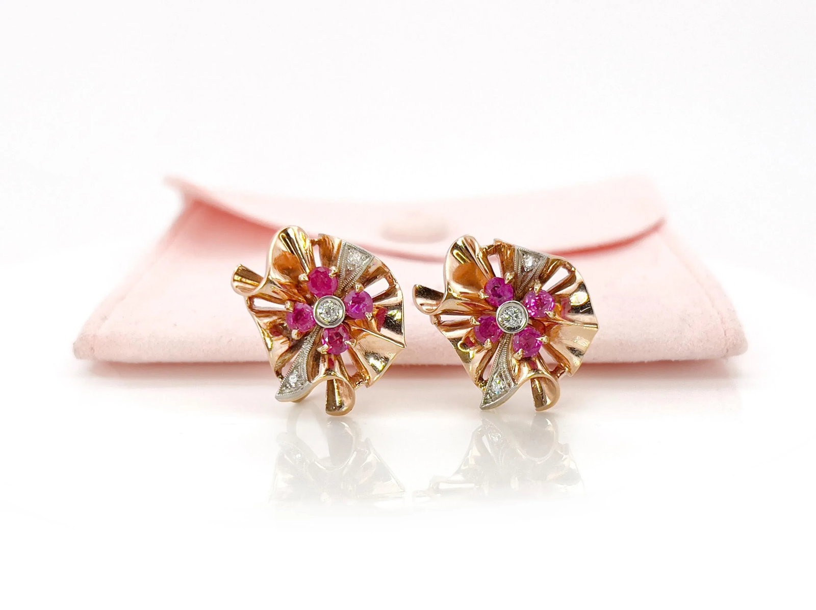 Retro 1940s Old European Cut Diamond & Ruby Screw Back Earrings, Non-Pierced - 3