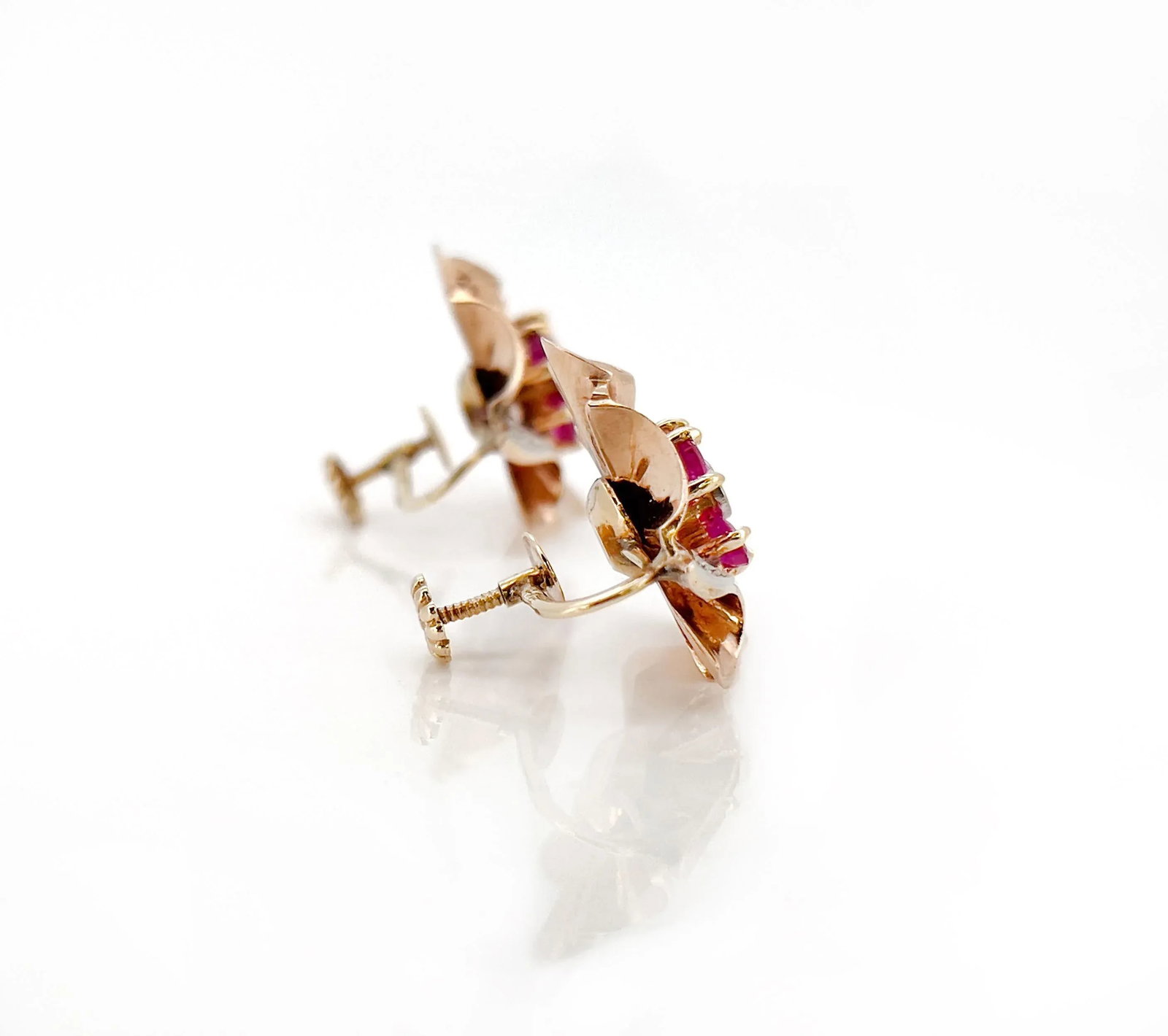 Retro 1940s Old European Cut Diamond & Ruby Screw Back Earrings, Non-Pierced - 4