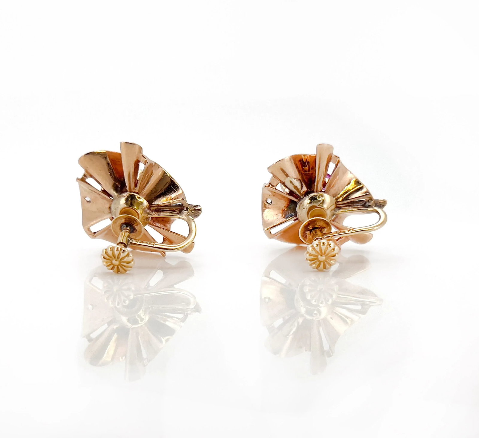 Retro 1940s Old European Cut Diamond & Ruby Screw Back Earrings, Non-Pierced - 5