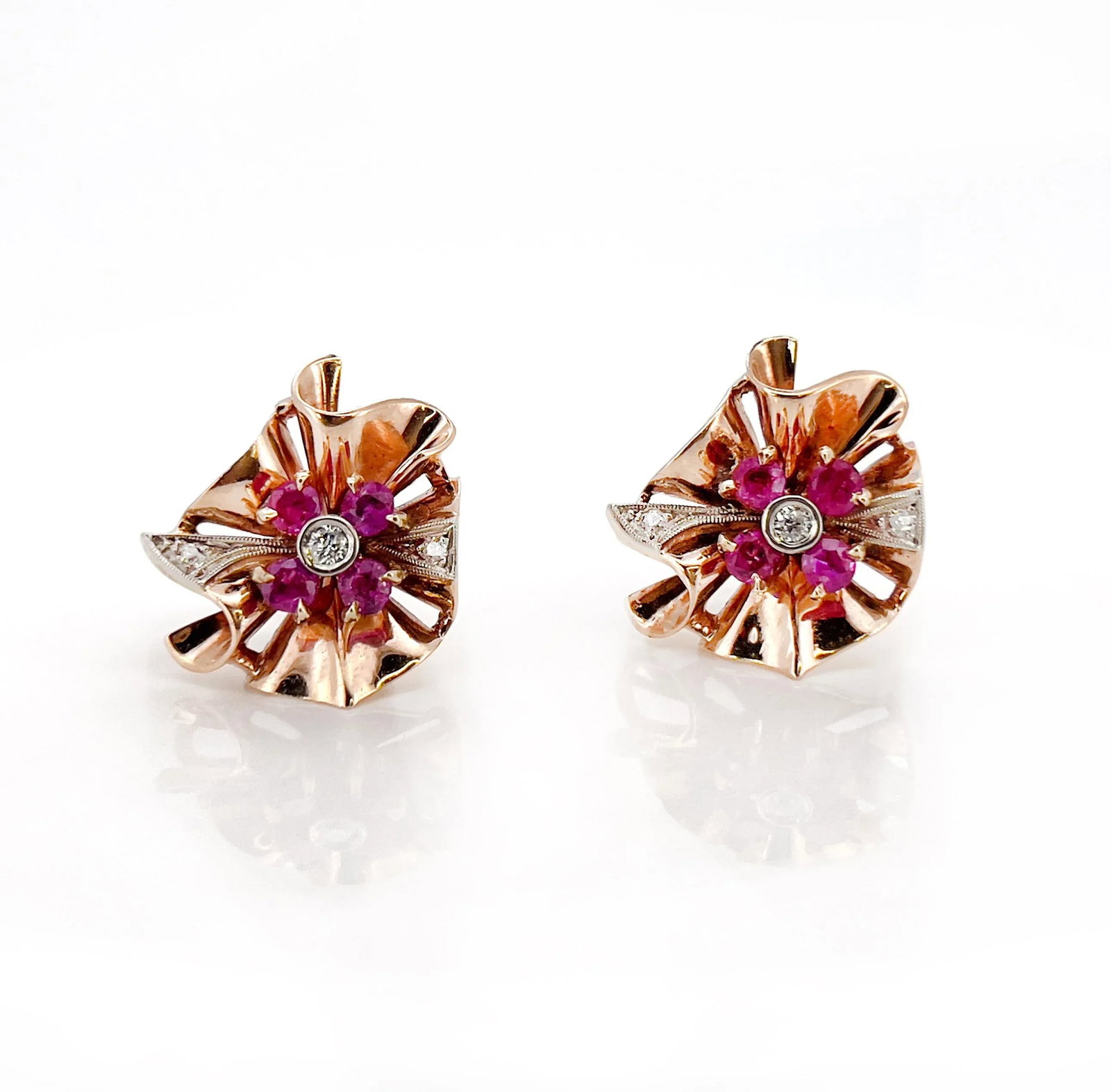 Retro 1940s Old European Cut Diamond & Ruby Screw Back Earrings, Non-Pierced - 7