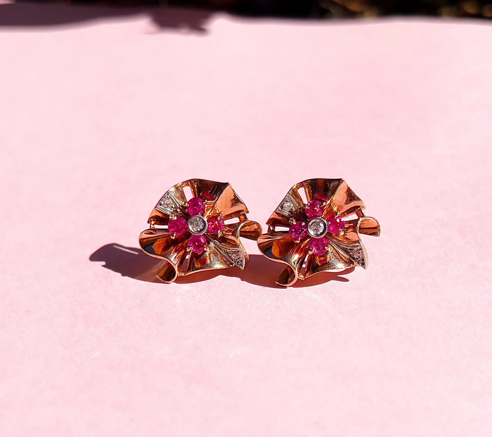 Retro 1940s Old European Cut Diamond & Ruby Screw Back Earrings, Non-Pierced - 8