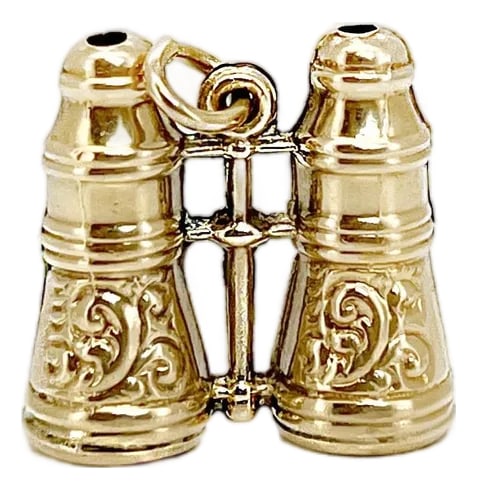1960s Vintage Gold Binoculars Charm, 14k: About This Charm: Take a peek at the world from a new perspective with this Vintage Binoculars Charm! Crafted from 14K gold with victorian style techniques, it sure doesn't disappoint. It is likely