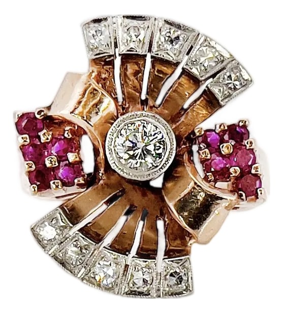 1940s Retro 14k Rose Gold Diamond and Ruby Ring, Size 8.25 (1 of 8)