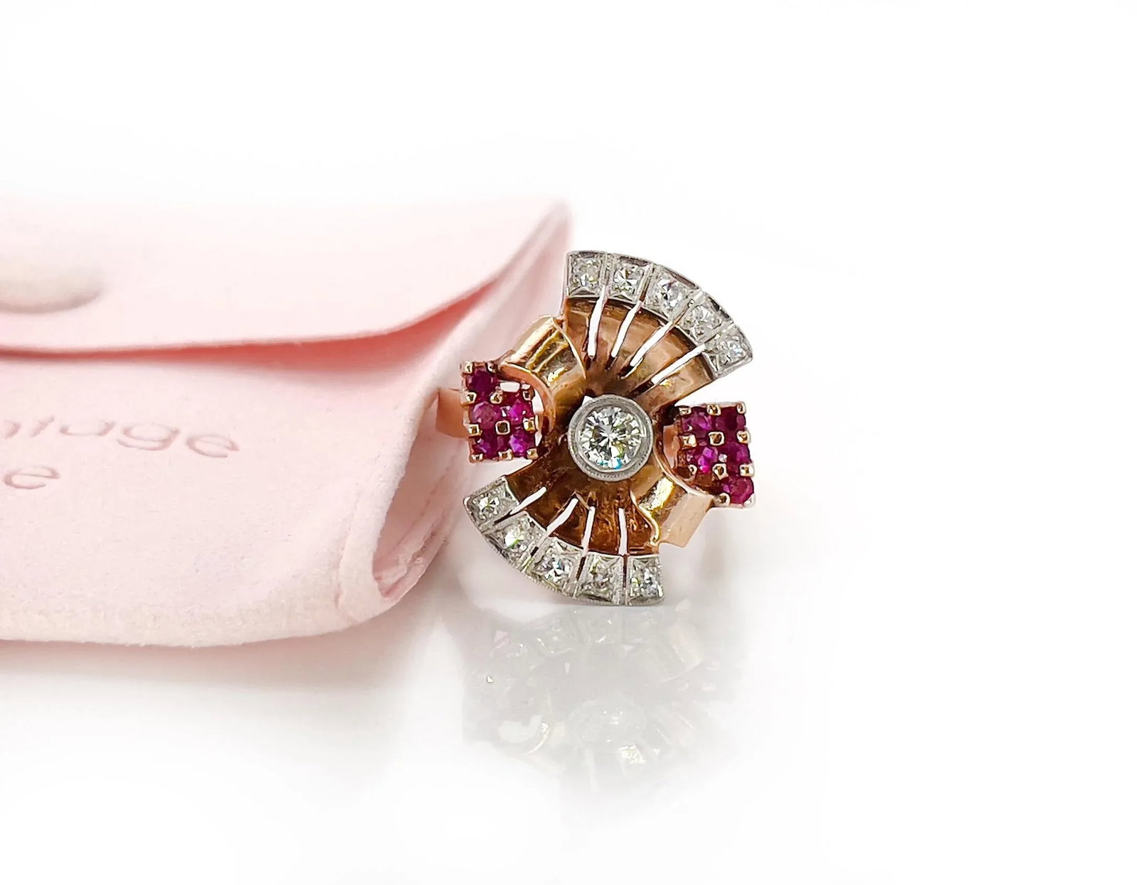 1940s Retro 14k Rose Gold Diamond and Ruby Ring, Size 8.25 - 3