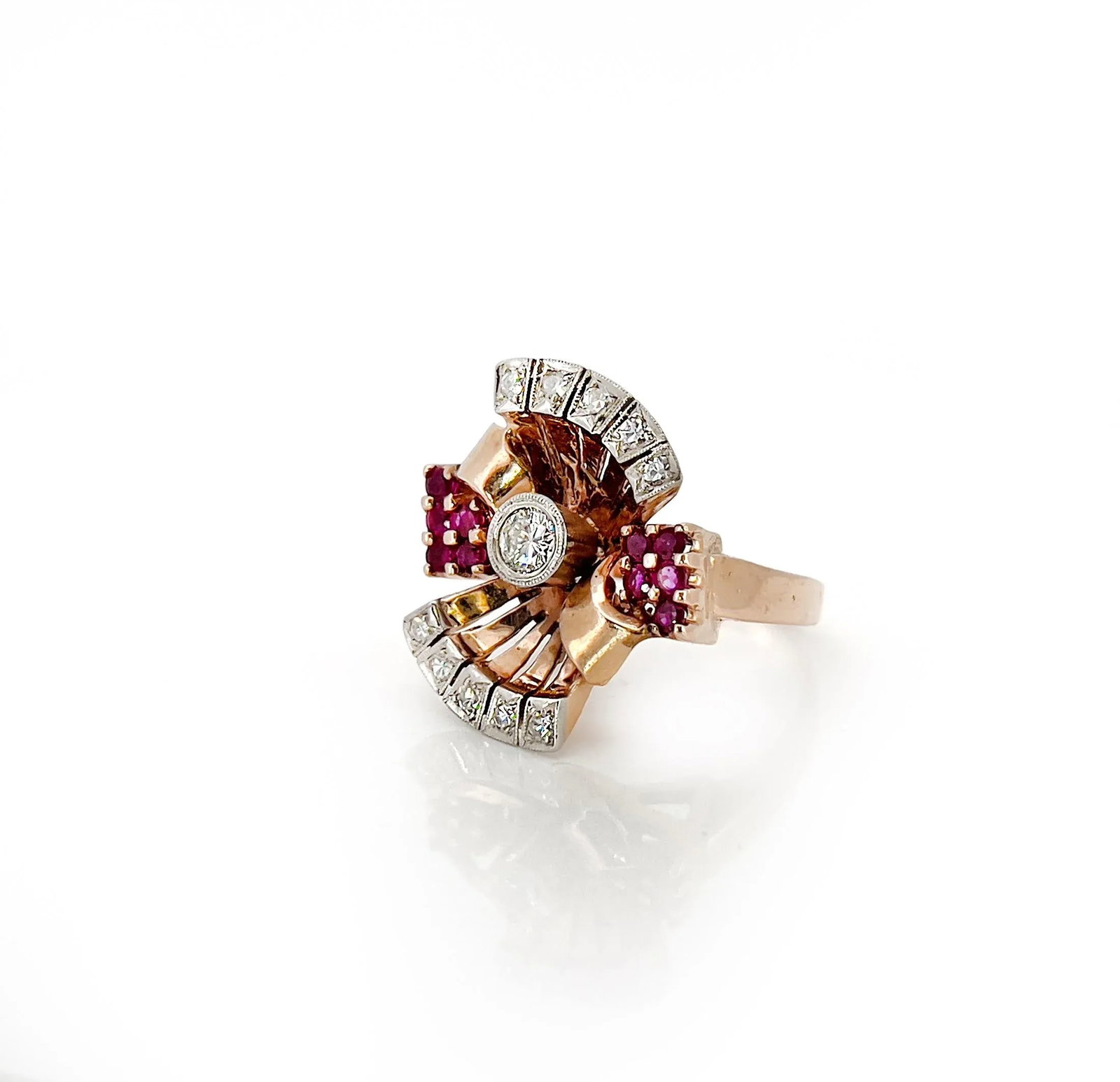 1940s Retro 14k Rose Gold Diamond and Ruby Ring, Size 8.25 - 4