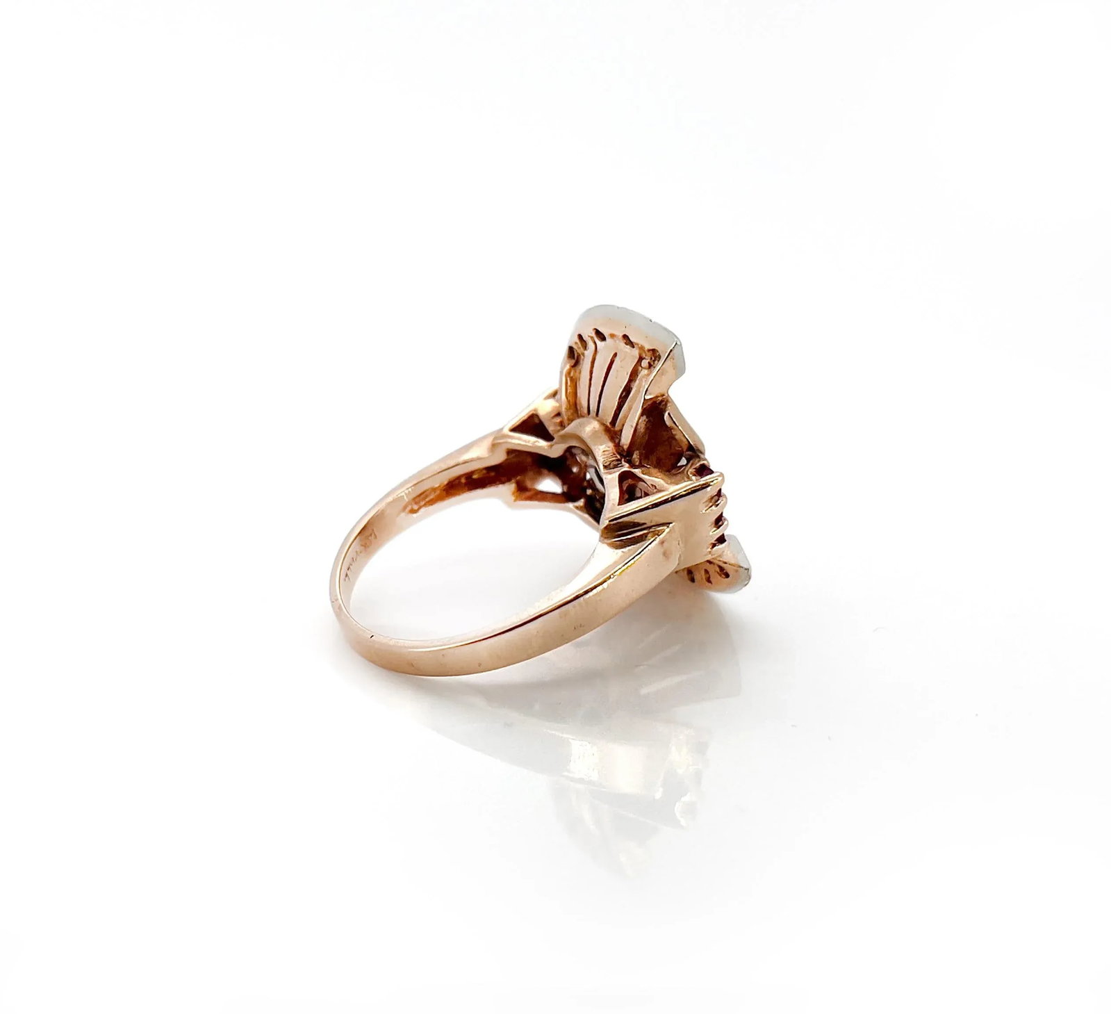 1940s Retro 14k Rose Gold Diamond and Ruby Ring, Size 8.25 - 5