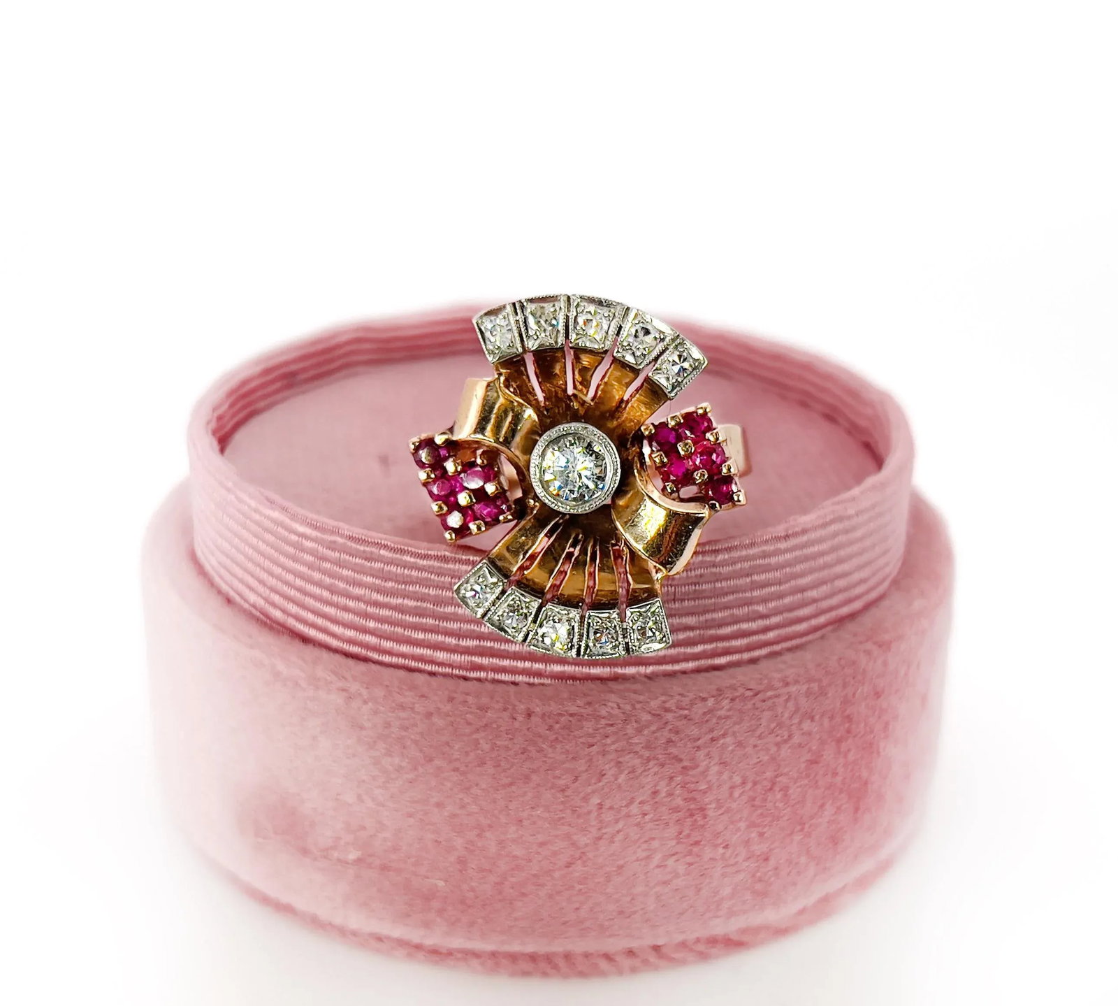 1940s Retro 14k Rose Gold Diamond and Ruby Ring, Size 8.25 - 6