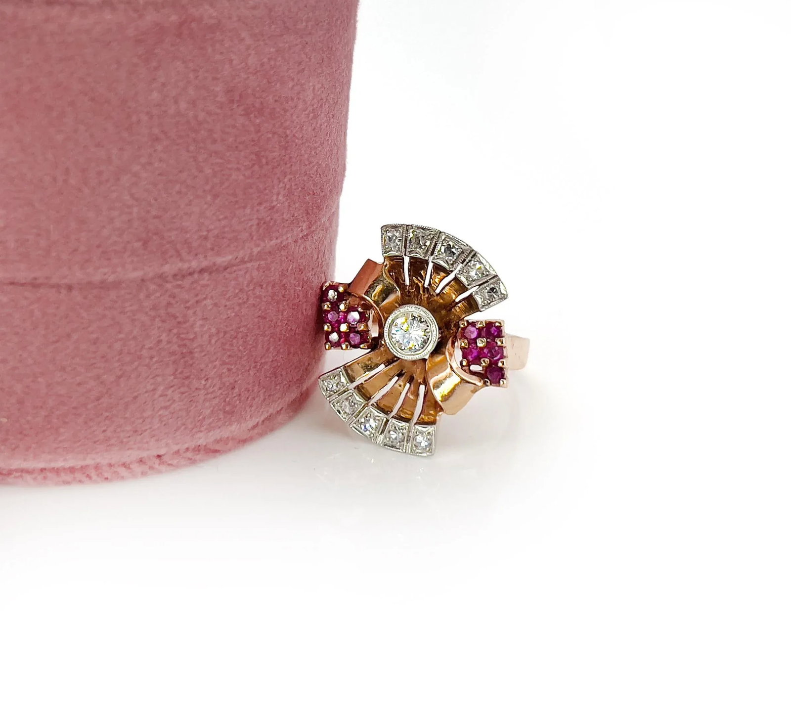 1940s Retro 14k Rose Gold Diamond and Ruby Ring, Size 8.25 - 7