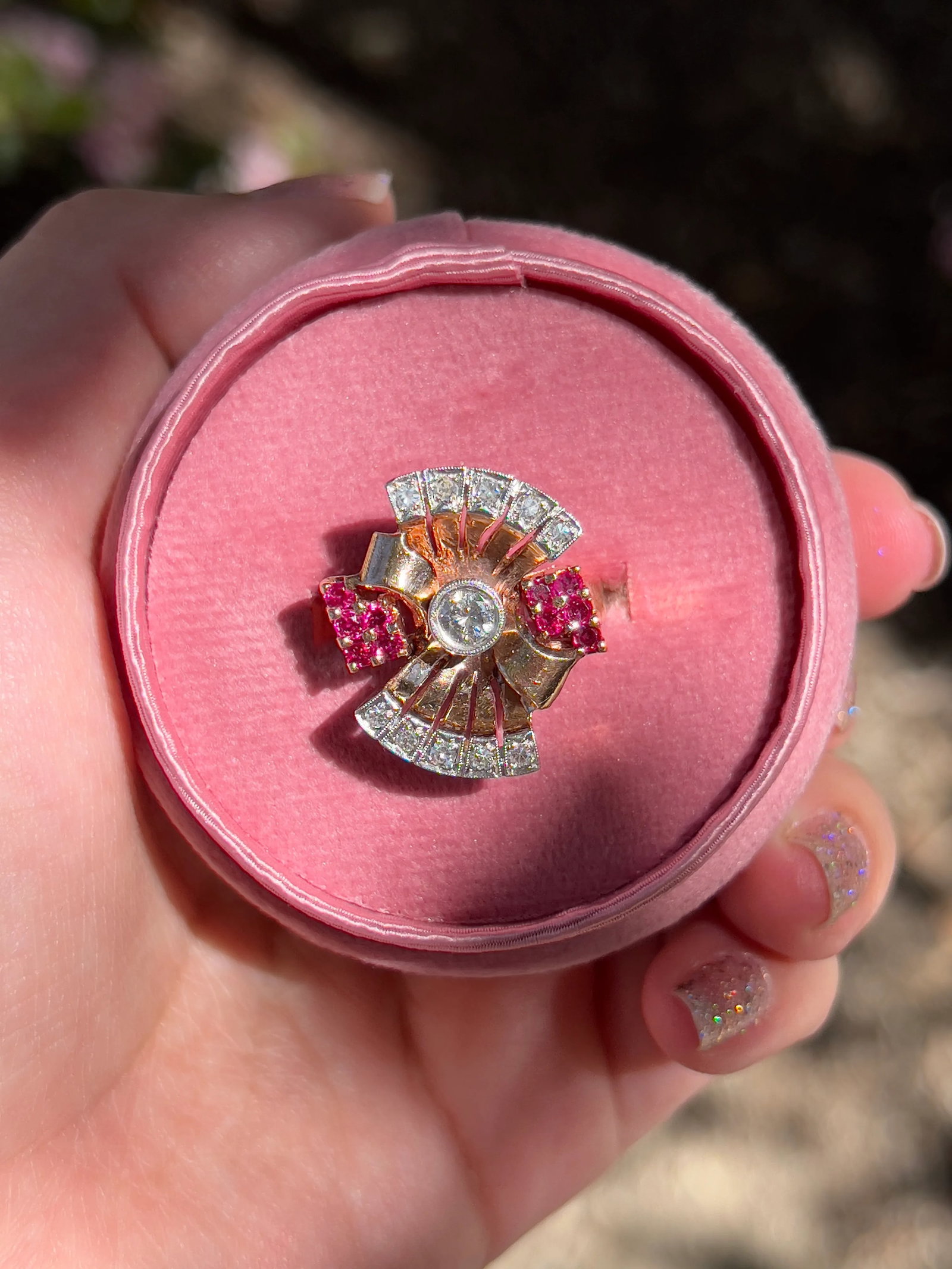 1940s Retro 14k Rose Gold Diamond and Ruby Ring, Size 8.25 - 8
