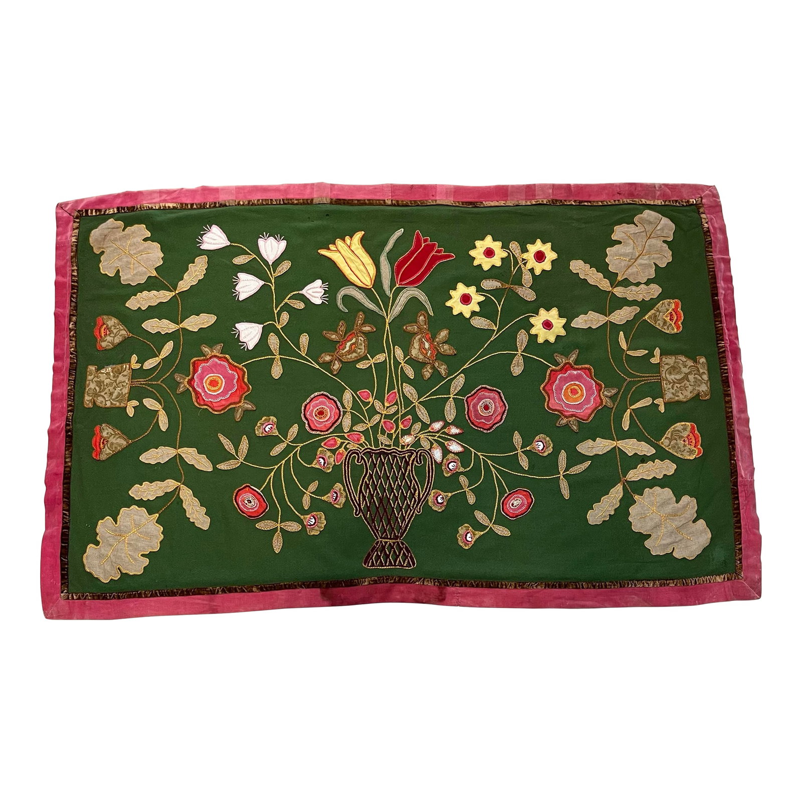 1970s Hand Embroidered Wall Hanging Tapestry: Circa 1970 wall hanging Tapestry handmade embroidery from Eastern Europe, A vase with flowers on a green background. Hand embroidery possibly from Romania it is known for its vibrant and colourful