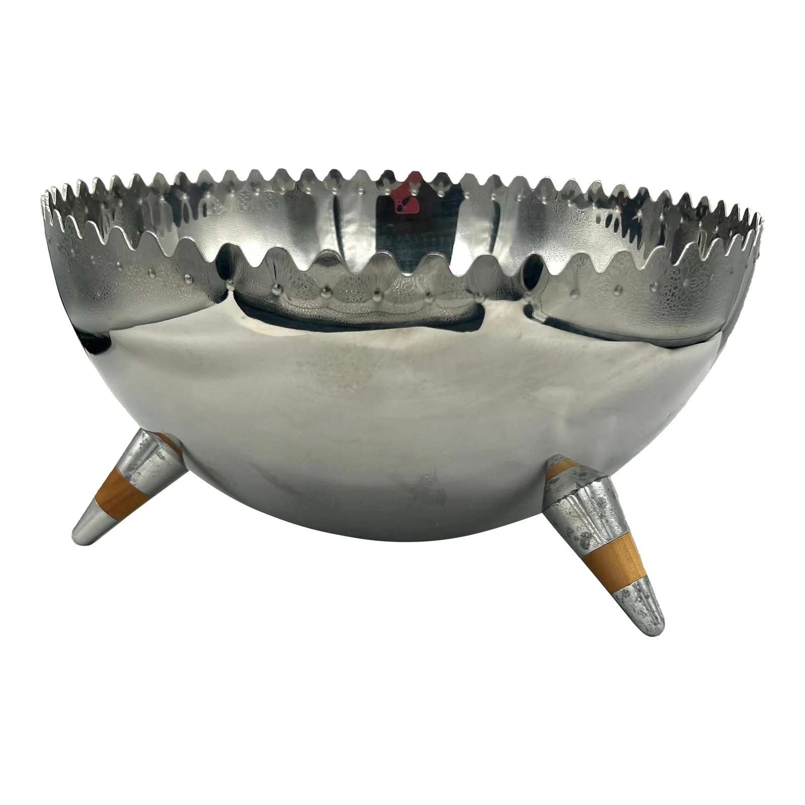 Vintage Chimu Bowl by Joanna Lyle for Alessi (Designed 1992-1994): Designed by Joanna Lyle for Alessi between 1992 and 1994, the Chimu Bowl is a striking hemispherical vessel crafted from polished stainless steel. Supported on three small conical feet with wooden
