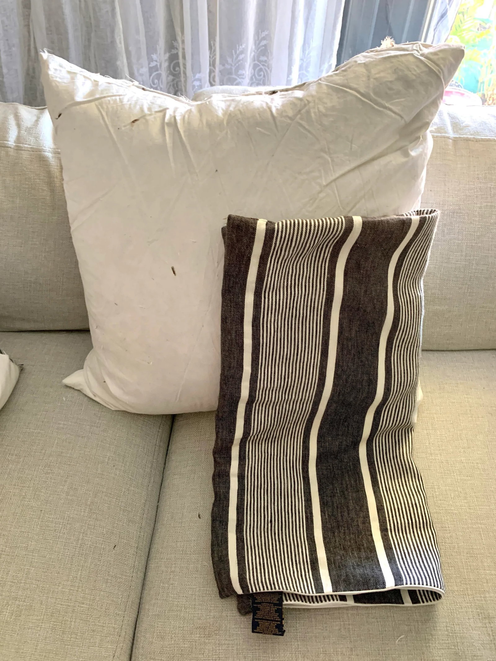 Ralph Lauren French Black and White Ticking Stripes Decorative Pillow, Linen With Feathers Insert - 12
