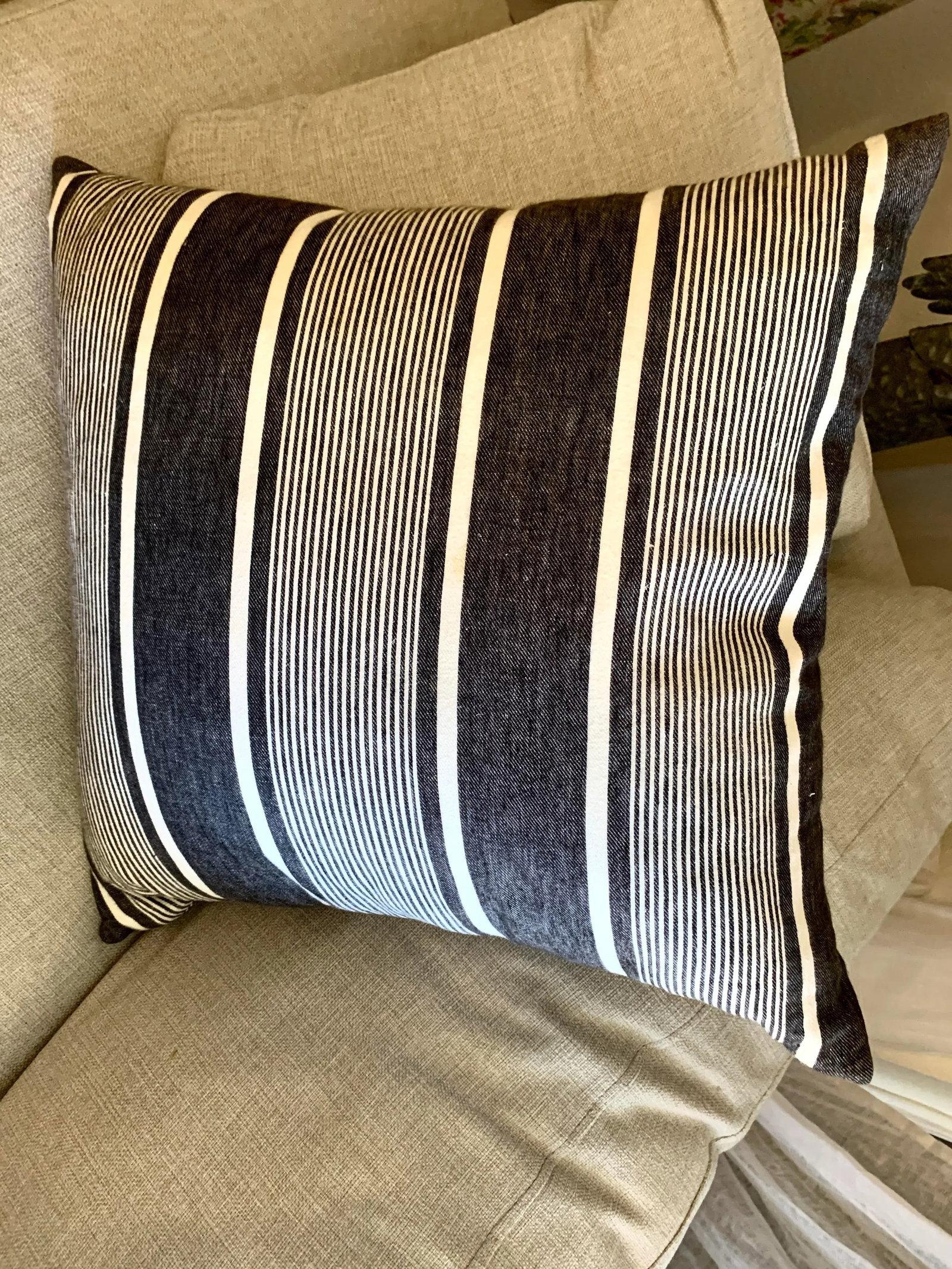 Ralph Lauren French Black and White Ticking Stripes Decorative Pillow, Linen With Feathers Insert - 7