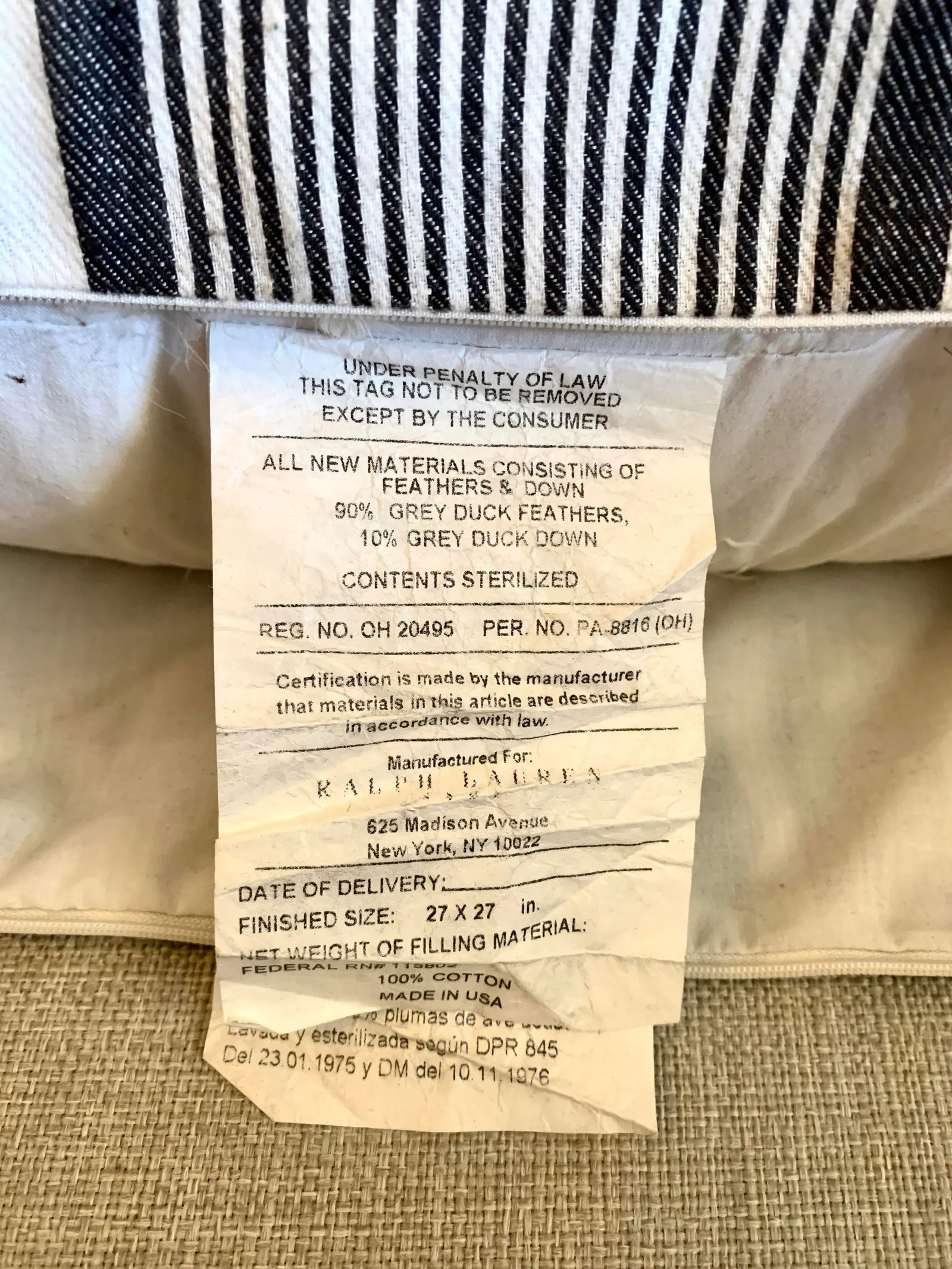 Ralph Lauren French Black and White Ticking Stripes Decorative Pillow, Linen With Feathers Insert - 9