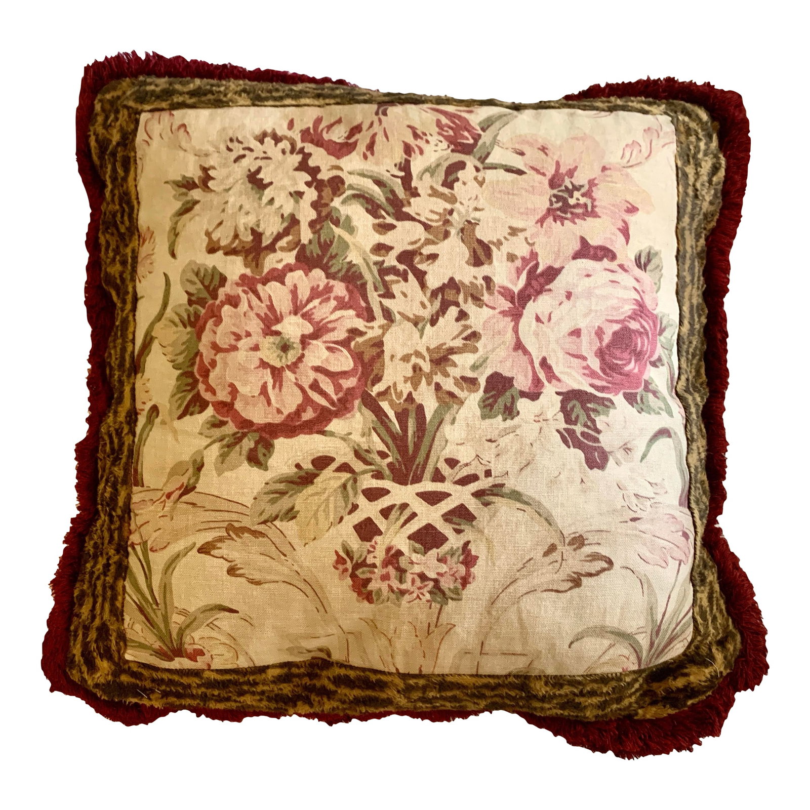 Vintage Ralph Lauren Guinevere Aragon Medieval Floral & Animal Print Decorative Pillow: Vintage Ralph Lauren polo blue label antique French country Guinevere Aragon decorative pillow, floral garden , animal print accented , one pillow, fringe edges From the Ralph Lauren Guinevere Aragon
