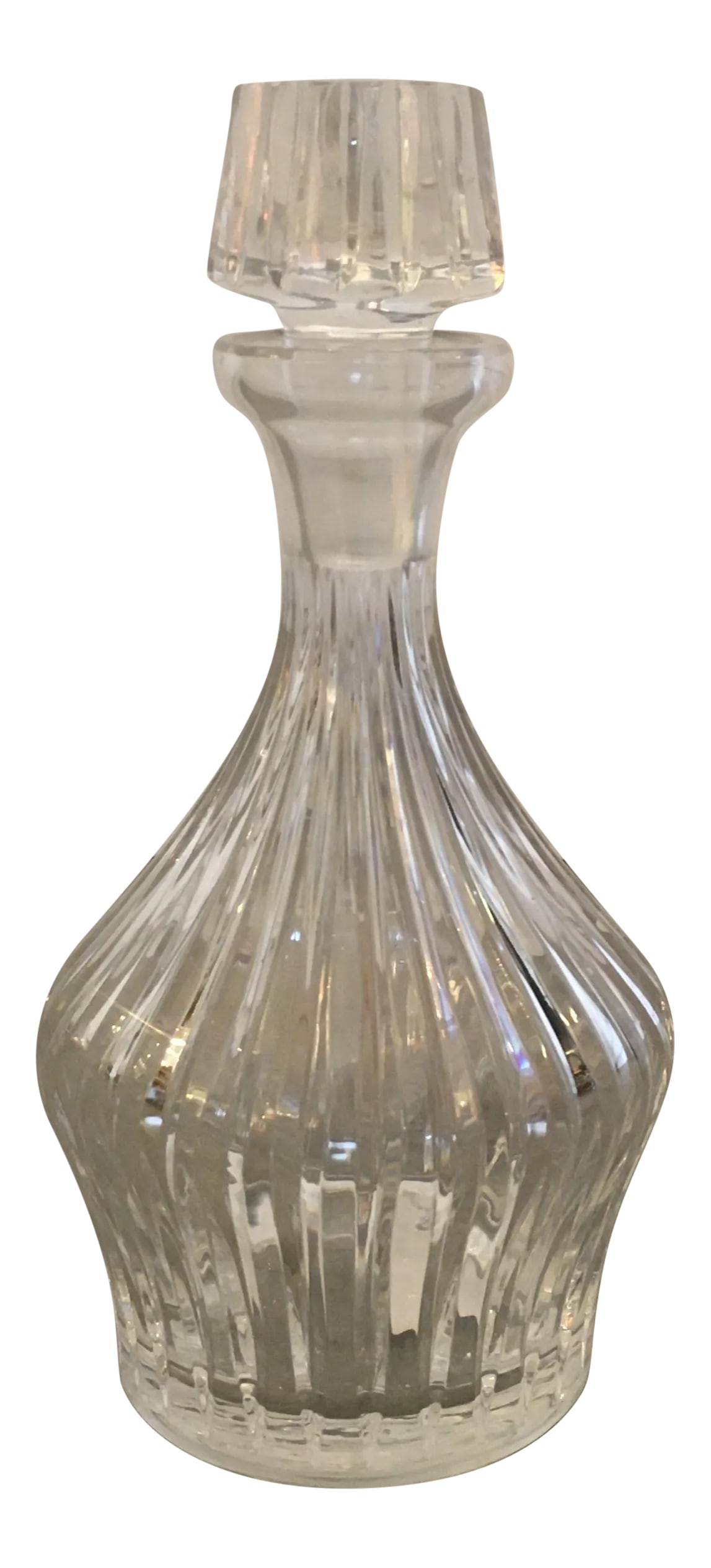 Mid 20th Century Fluted Glass Carafe With Stopper: Sparkling fluted glass carafe or decanter with matching stopper. Great shape and design perfect for the bar area or on display. I can see a golden spirit in there or a red wine.......from bar to