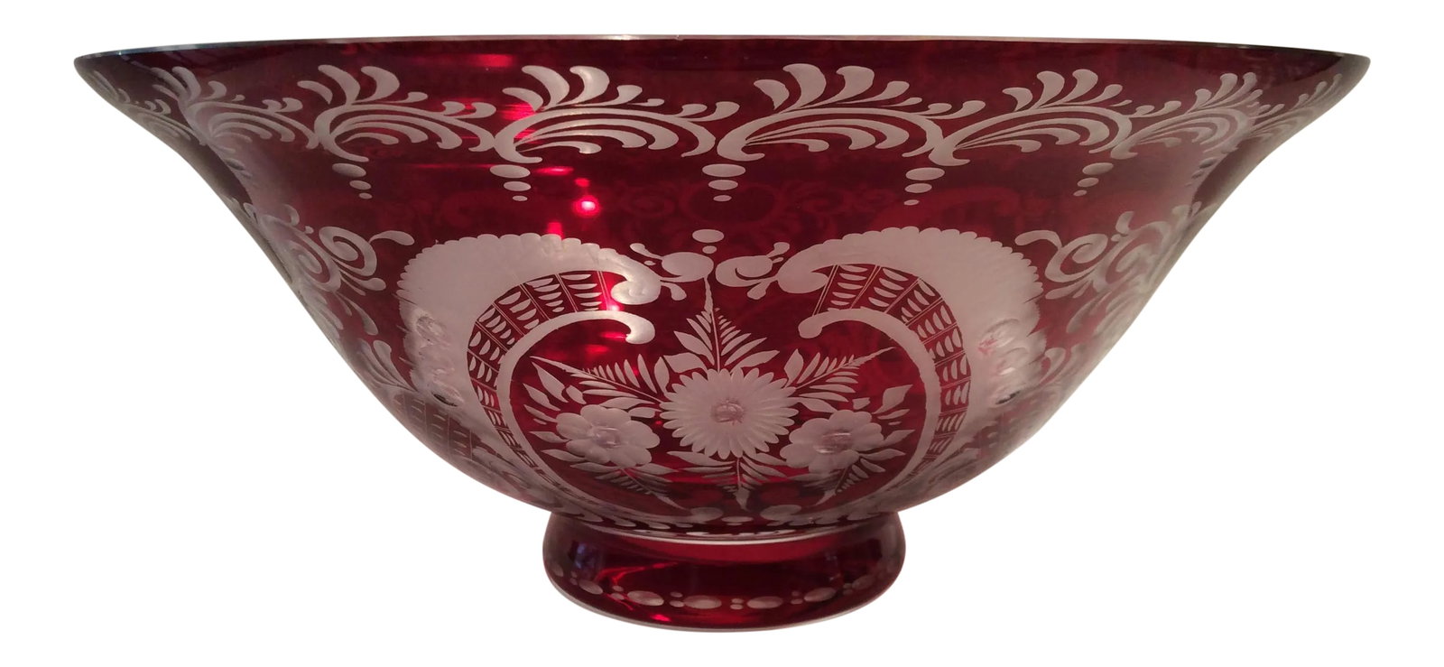 Egermann Czech Bohemian Flashcut Cranberry Red Glass Bowl: Bohemian flash cut cranberry to clear cut glass bowl decorated with flowers and fauna. Beautiful color and highly decorative. Condition is like new. No makers mark, but it does have stickers
