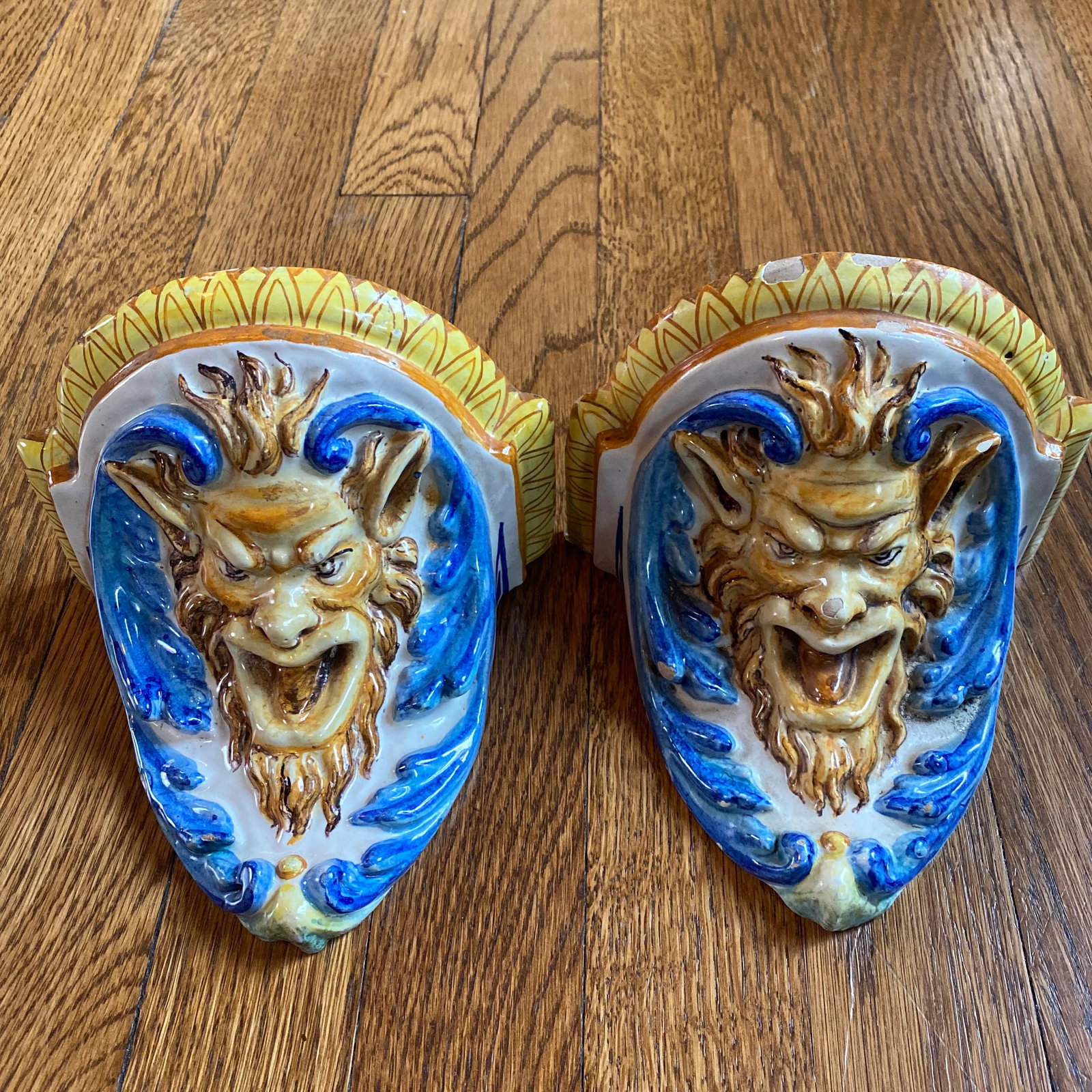 Vintage Cantagalli Satyr Majolica Wall Brackets - a Pair - 2