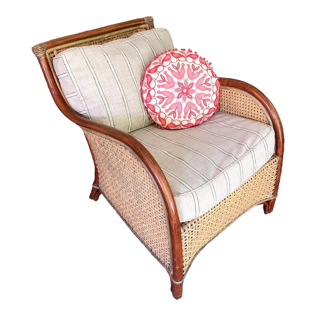 1990s Palecek Ralph Lauren Style Rattan Patio Armchair: Gorgeous Palecek woven rattan club chair. Believe to be from the Ralph Lauren line in the 90s Perfect for a covered porch. Very clean from non smoking home. Rattan has some light greening to it.