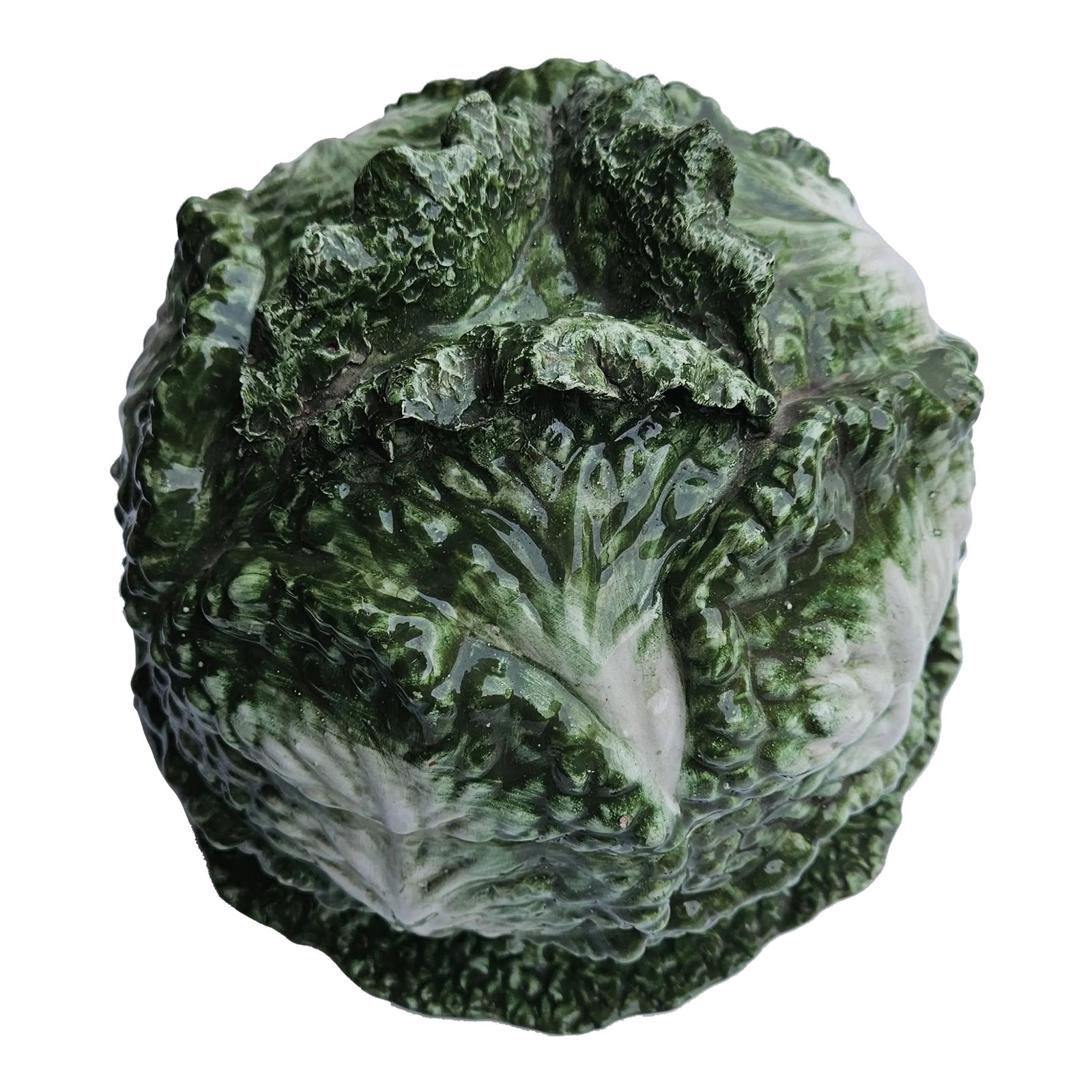 Large Vintage Majolica Cabbage Lidded Soup Tureen and Dish: Nicely sized vintage majolica soup tureen with lid, and dish. In the style of Italian Majolica, it is unmarked. Plate measures approximately 11.5 inches diameter. The bowl with lid 9.5 inches high by 