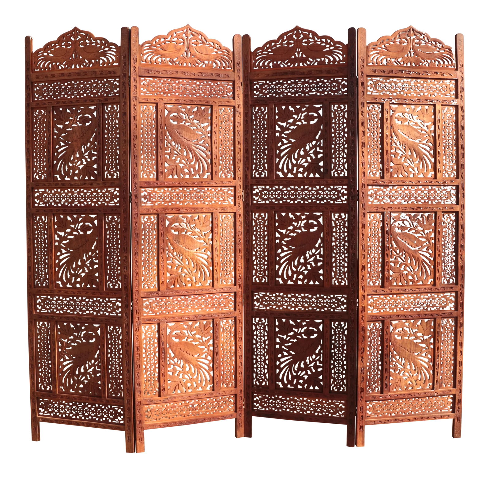 Late 20th Century Anglo-Indian Peacock Carved Teak 4-Panel Screen (1 of 5)