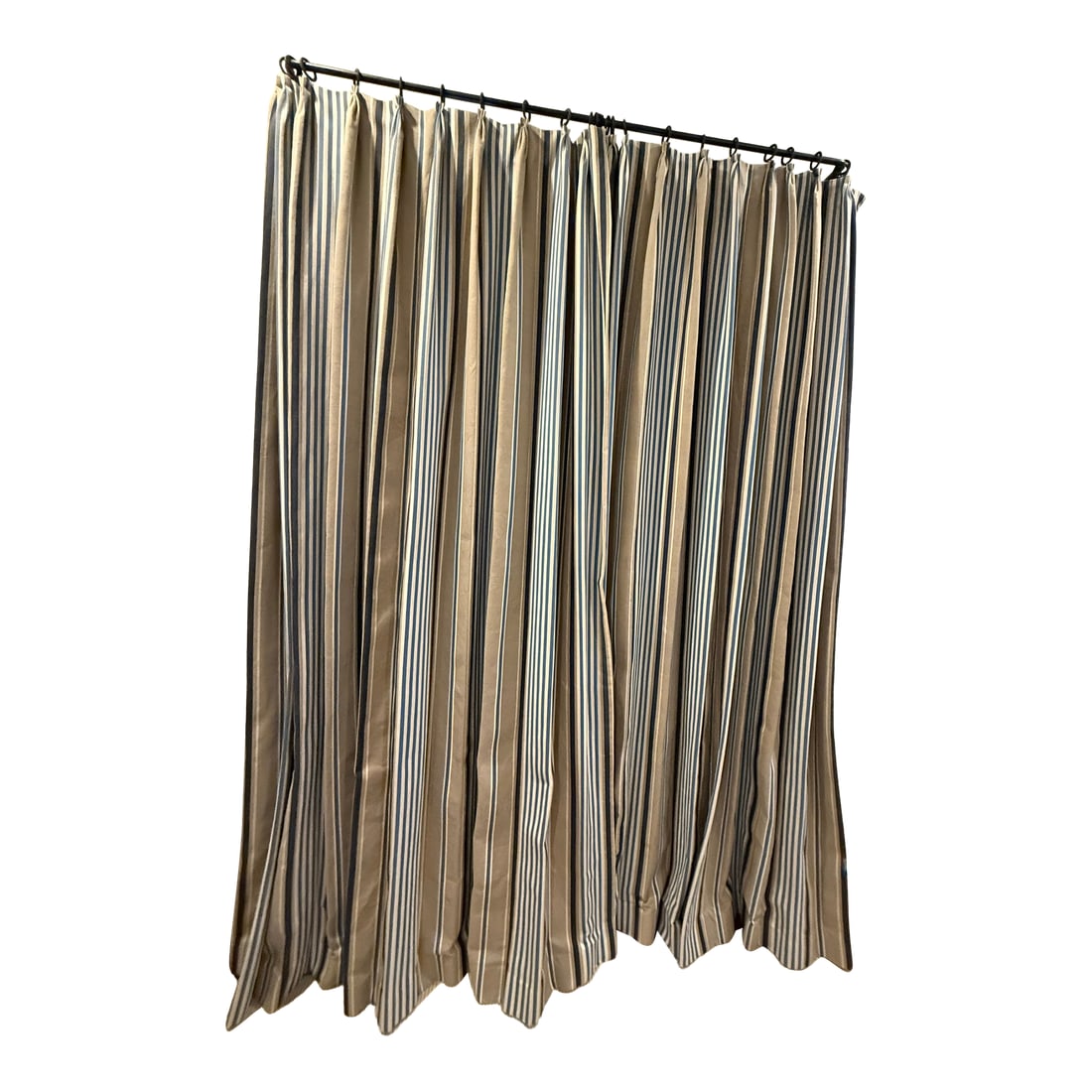 Schumacher Minzer Cotton Stripe Curtain Panels - Set of 2: Pair of Panels - total of 2 panels Custom Made in Schumacher Minzer Cotton Stripe in Indigo Fully Lined, Blackout Each panel is two widths for fabric wide, 98" wide by 105" tall Very well kept in